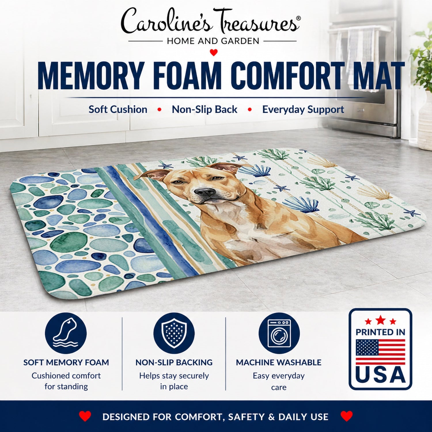 Fawn American Staffordshire Terrier Coastal Sea Glass Memory Foam Kitchen Mat Machine Washable Anti-Fatigue Cushion Comfort Bath or Kitchen Rug