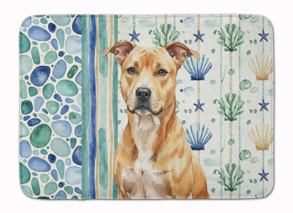 Fawn American Staffordshire Terrier Coastal Sea Glass Memory Foam Kitchen Mat Machine Washable Anti-Fatigue Cushion Comfort Bath or Kitchen Rug