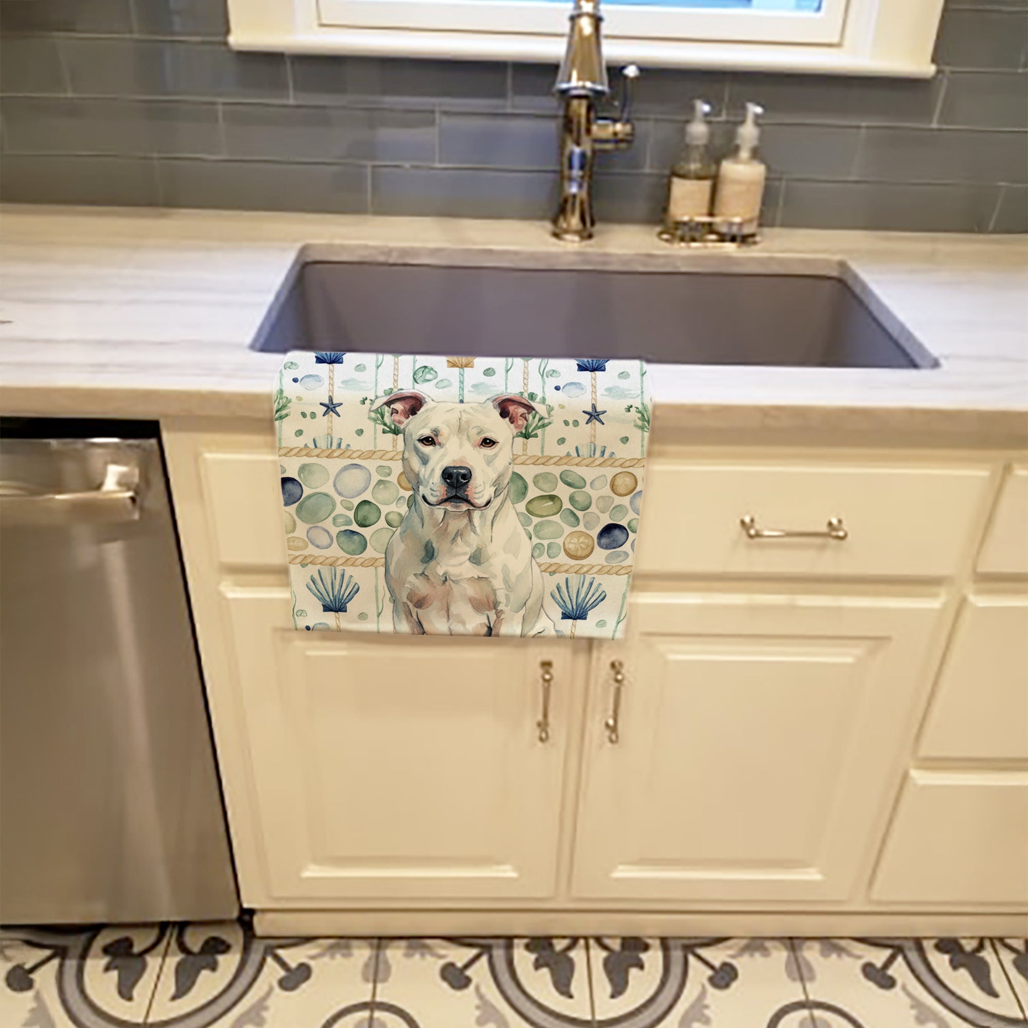White American Staffordshire Terrier Coastal Sea Glass Kitchen Towel Velour Plush Front and Cotton Loop Back Machine Washable