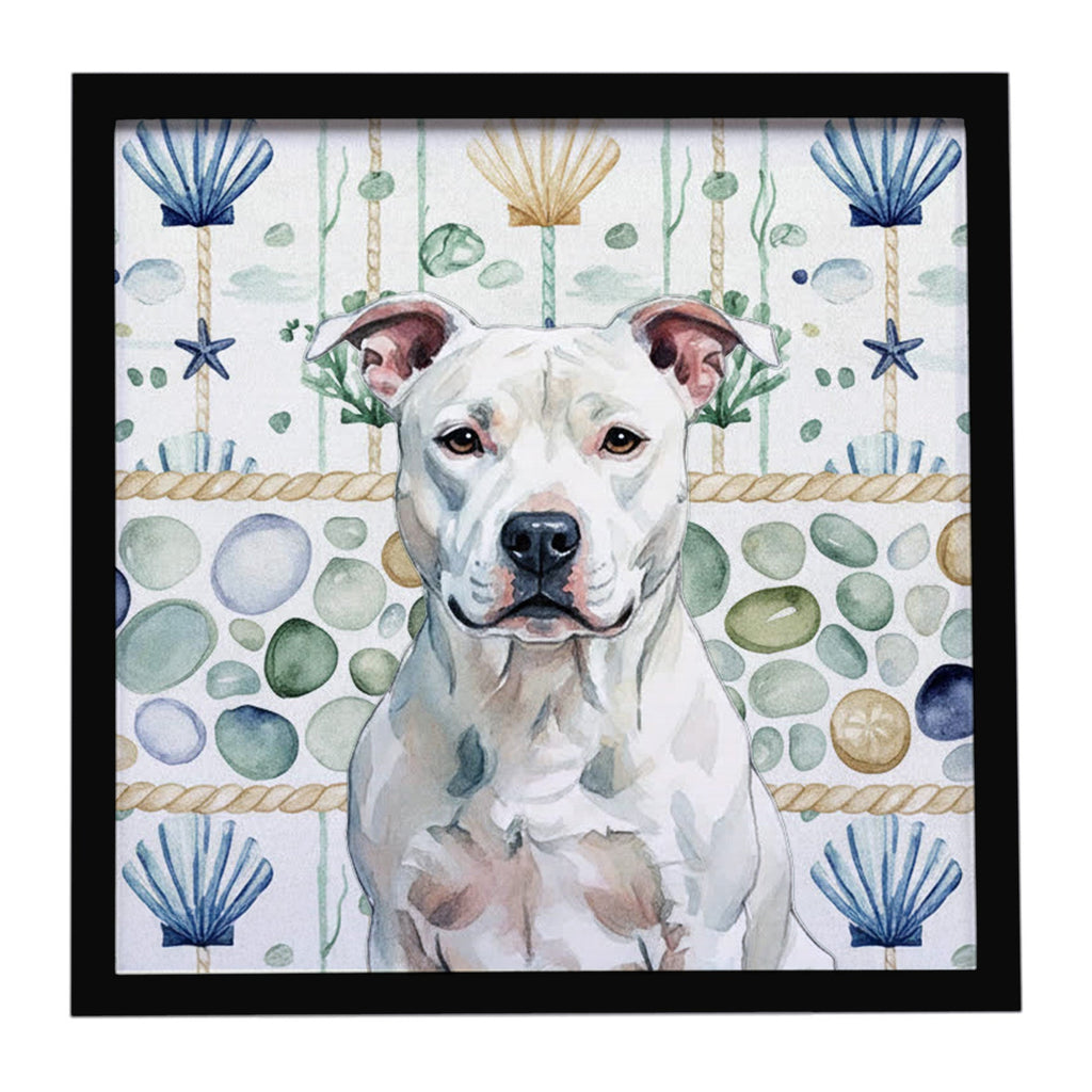 White American Staffordshire Terrier Coastal Sea Glass Framed Metal Print Bathroom, Kitchen, Office, Home Decor Wall Art Ready to Hang, Square, 8X8