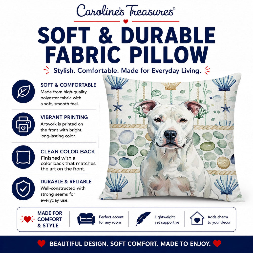 White American Staffordshire Terrier Coastal Sea Glass Decorative Throw Pillow 14x14 Indoor Outdoor Accent Cushion, Fabric Cover with Insert for Sofa, Bed, Porch & Living Room