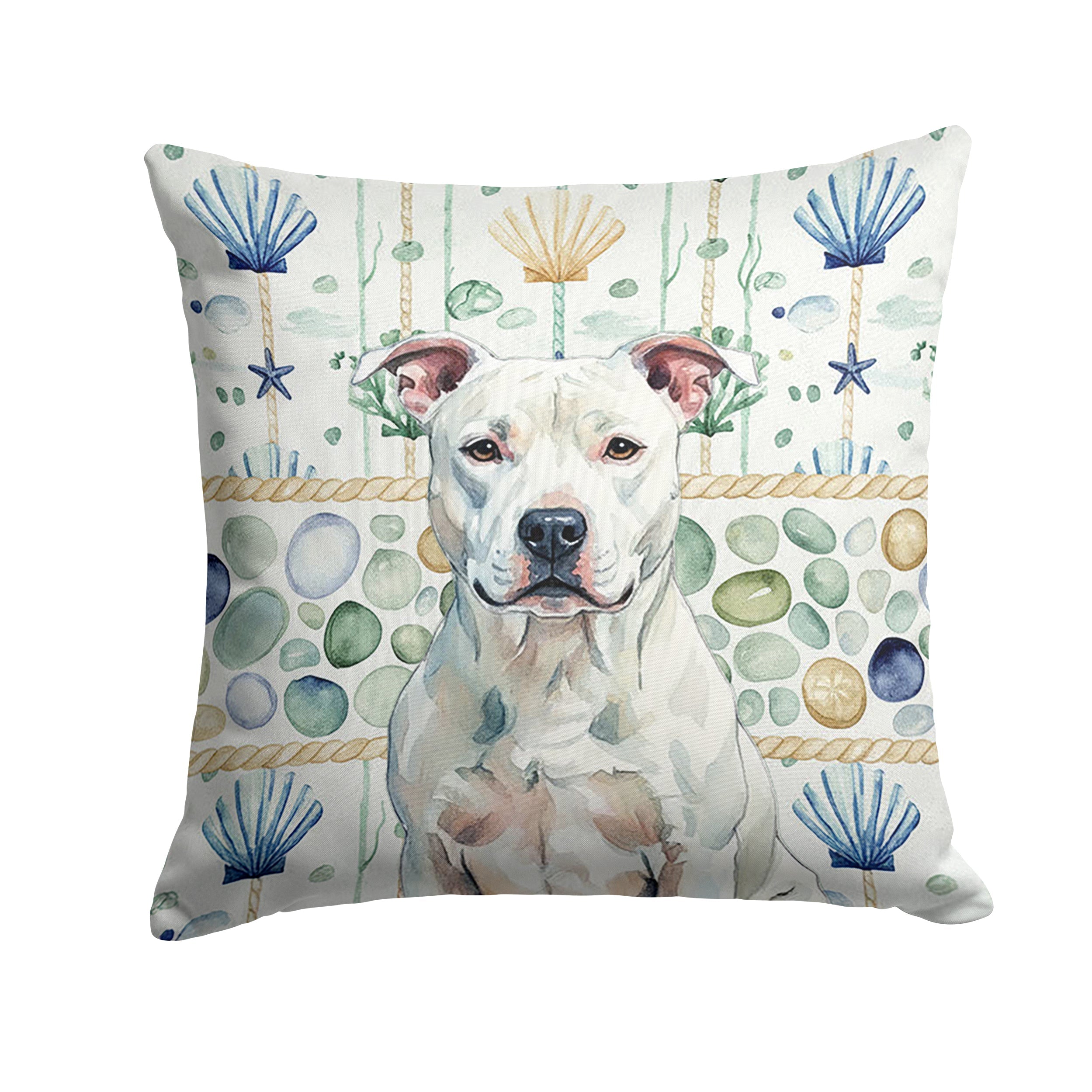 White American Staffordshire Terrier Coastal Sea Glass Decorative Throw Pillow 14x14 Indoor Outdoor Accent Cushion, Fabric Cover with Insert for Sofa, Bed, Porch & Living Room