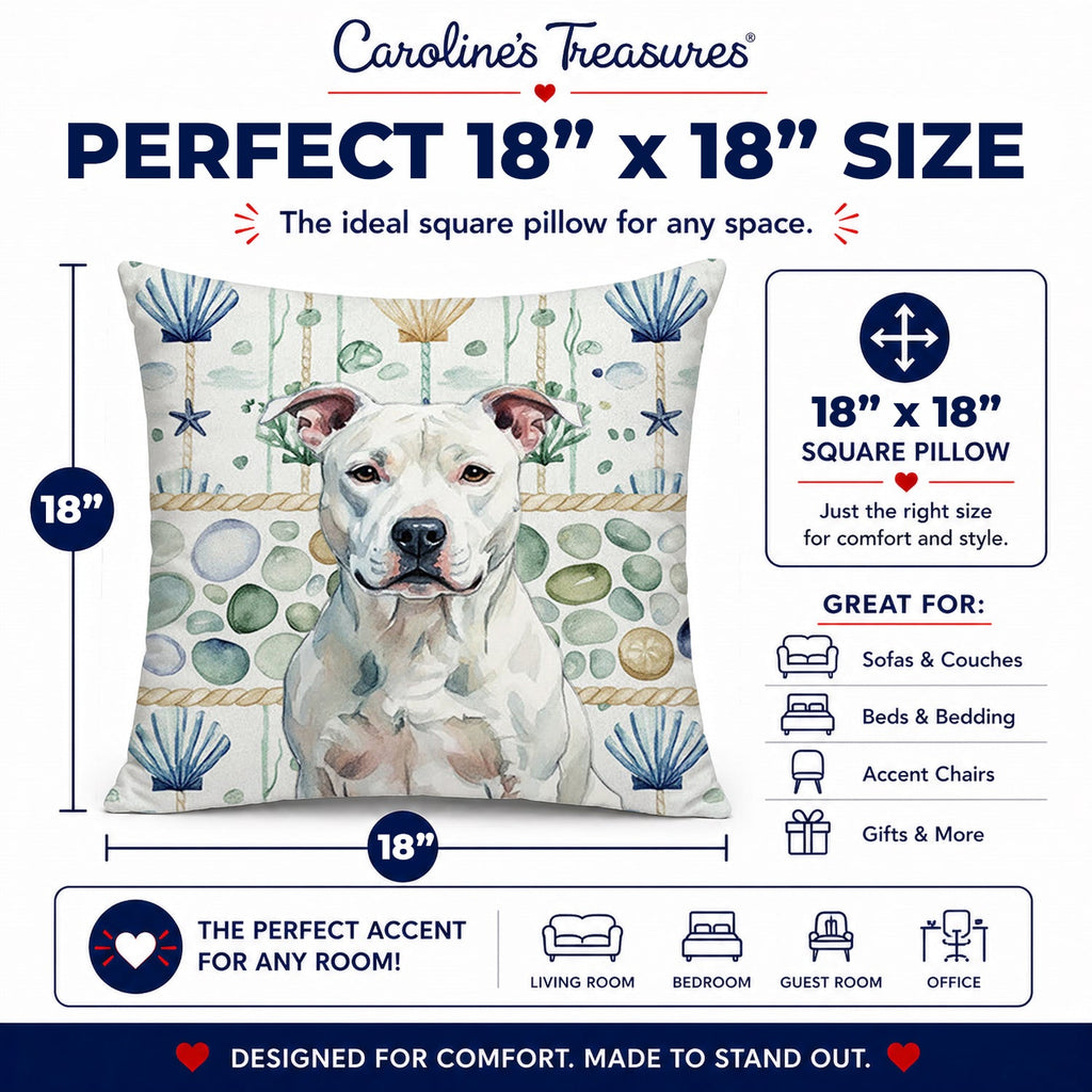 White American Staffordshire Terrier Coastal Sea Glass Decorative Throw Pillow 18x18 Indoor Outdoor Accent Cushion, Fabric Cover with Insert for Sofa, Bed, Porch & Living Room
