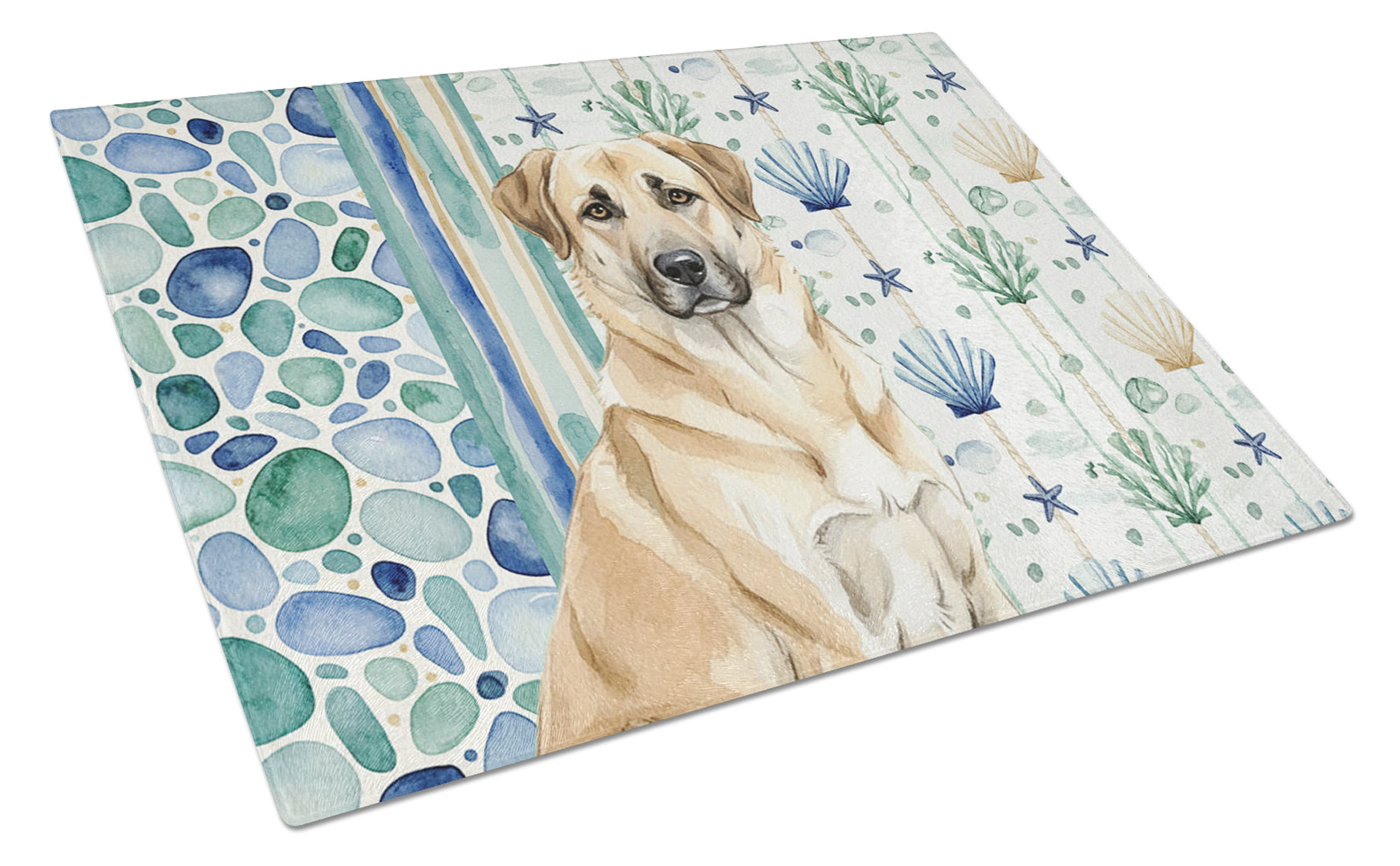 Anatolian Shepherd Dog Coastal Sea Glass Cutting Board Tempered Glass Kitchen Cutting Surface, Heat Resistant Chopping, Non-Slip Feet, Food Prep & Serving