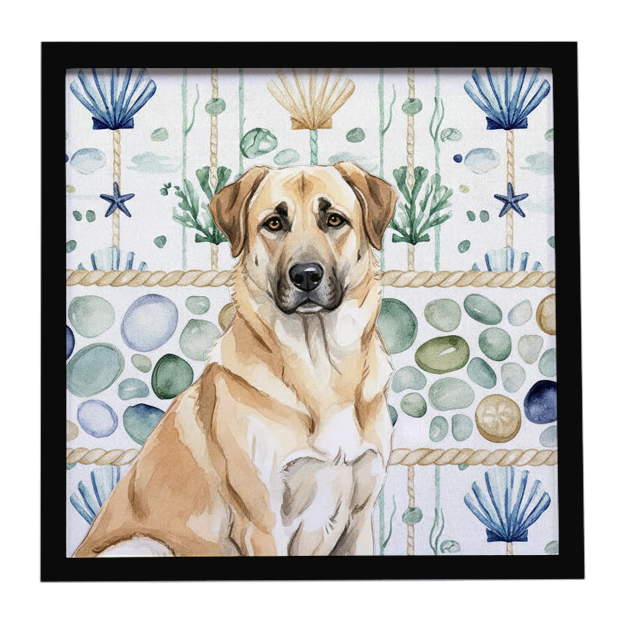Anatolian Shepherd Dog Coastal Sea Glass Framed Metal Print Bathroom, Kitchen, Office, Home Decor Wall Art Ready to Hang, Square, 8X8