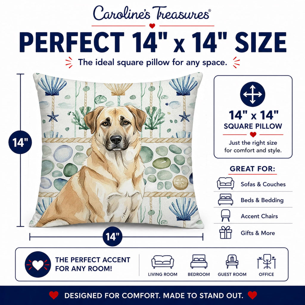 Anatolian Shepherd Dog Coastal Sea Glass Decorative Throw Pillow 14x14 Indoor Outdoor Accent Cushion, Fabric Cover with Insert for Sofa, Bed, Porch & Living Room