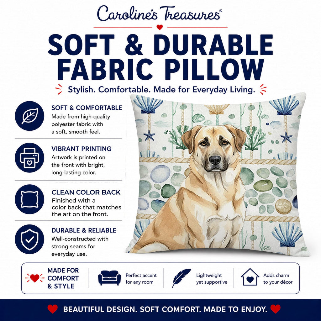 Anatolian Shepherd Dog Coastal Sea Glass Decorative Throw Pillow 18x18 Indoor Outdoor Accent Cushion, Fabric Cover with Insert for Sofa, Bed, Porch & Living Room