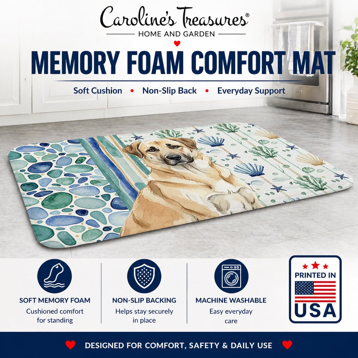 Anatolian Shepherd Dog Coastal Sea Glass Memory Foam Kitchen Mat Machine Washable Anti-Fatigue Cushion Comfort Bath or Kitchen Rug