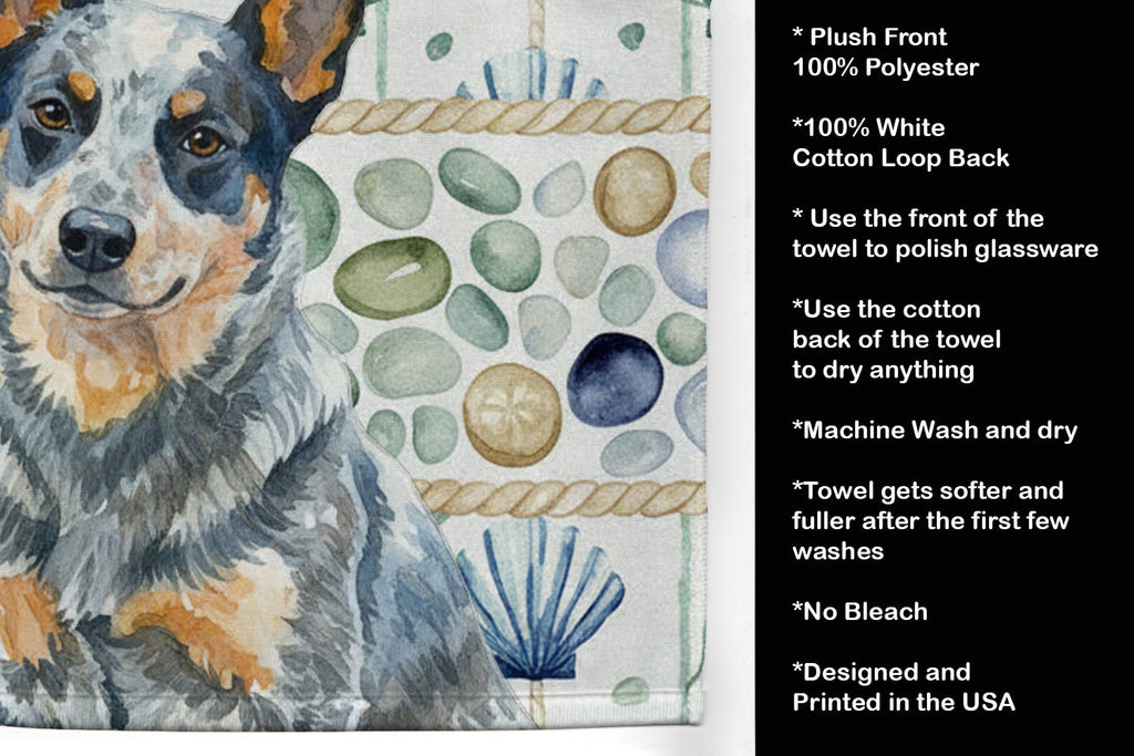 Blue Heeler Australian Cattle Dog Coastal Sea Glass Kitchen Towel Velour Plush Front and Cotton Loop Back Machine Washable