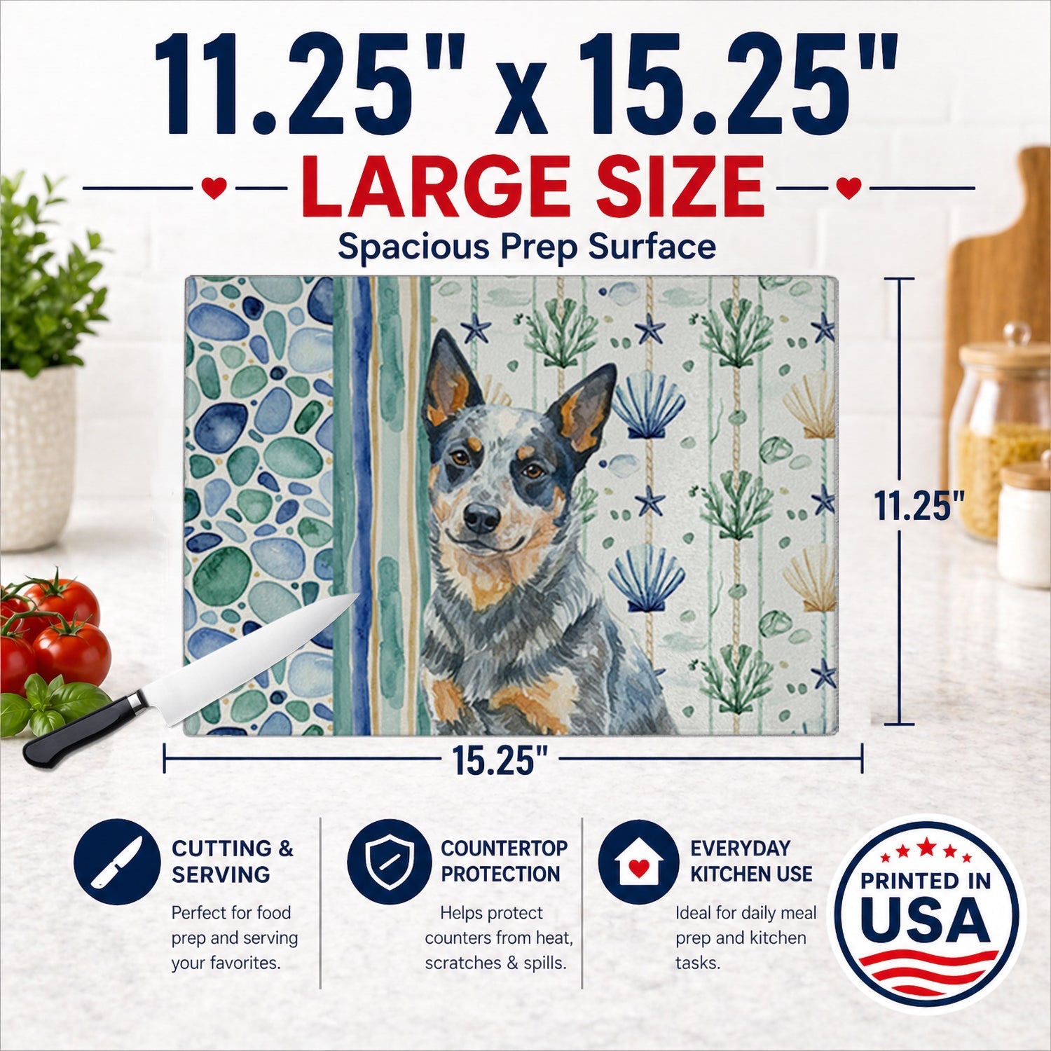 Blue Heeler Australian Cattle Dog Coastal Sea Glass Cutting Board Tempered Glass Kitchen Cutting Surface, Heat Resistant Chopping, Non-Slip Feet, Food Prep & Serving