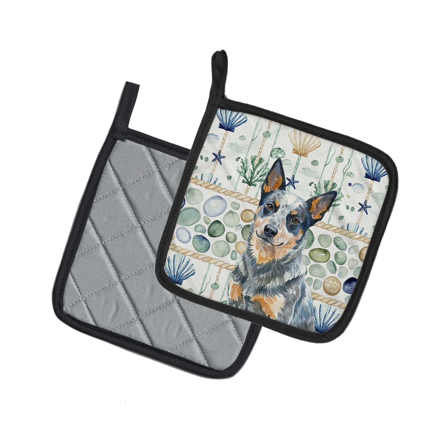 Blue Heeler Australian Cattle Dog Coastal Sea Glass Pot Holder Set of 2 Heat Resistant Quilted Hot Pads 7.5 x 7.5 Inch, Insulated Kitchen Trivets for Cooking & Baking