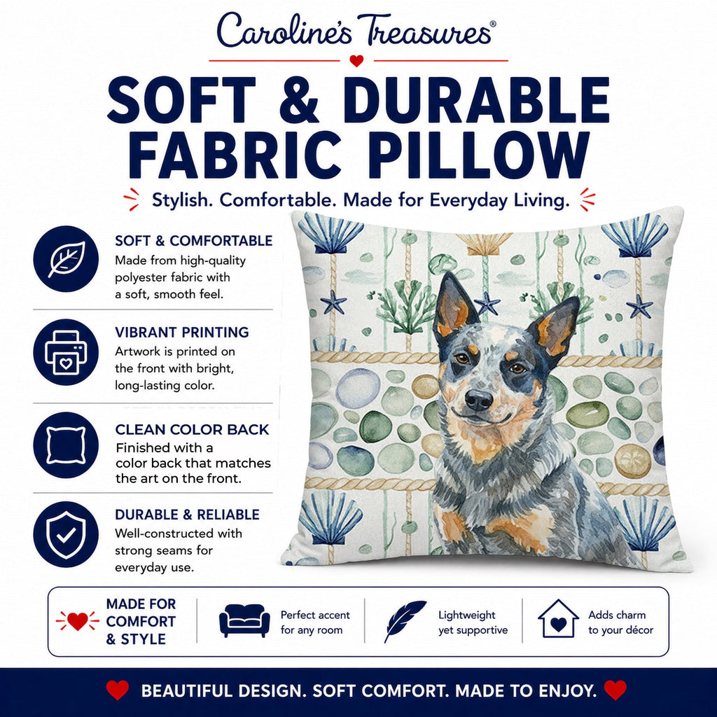 Blue Heeler Australian Cattle Dog Coastal Sea Glass Decorative Throw Pillow 14x14 Indoor Outdoor Accent Cushion, Fabric Cover with Insert for Sofa, Bed, Porch & Living Room