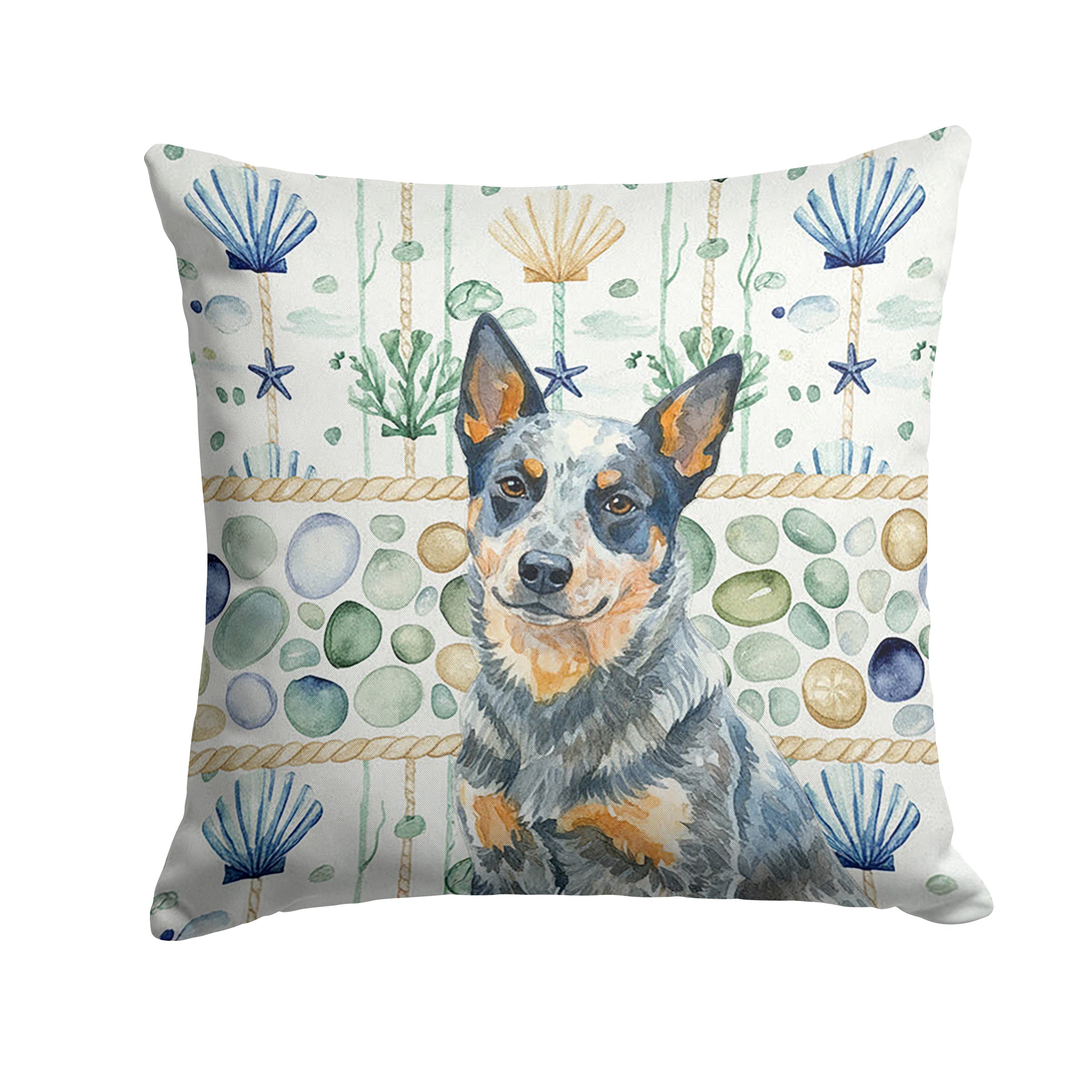 Blue Heeler Australian Cattle Dog Coastal Sea Glass Decorative Throw Pillow 14x14 Indoor Outdoor Accent Cushion, Fabric Cover with Insert for Sofa, Bed, Porch & Living Room