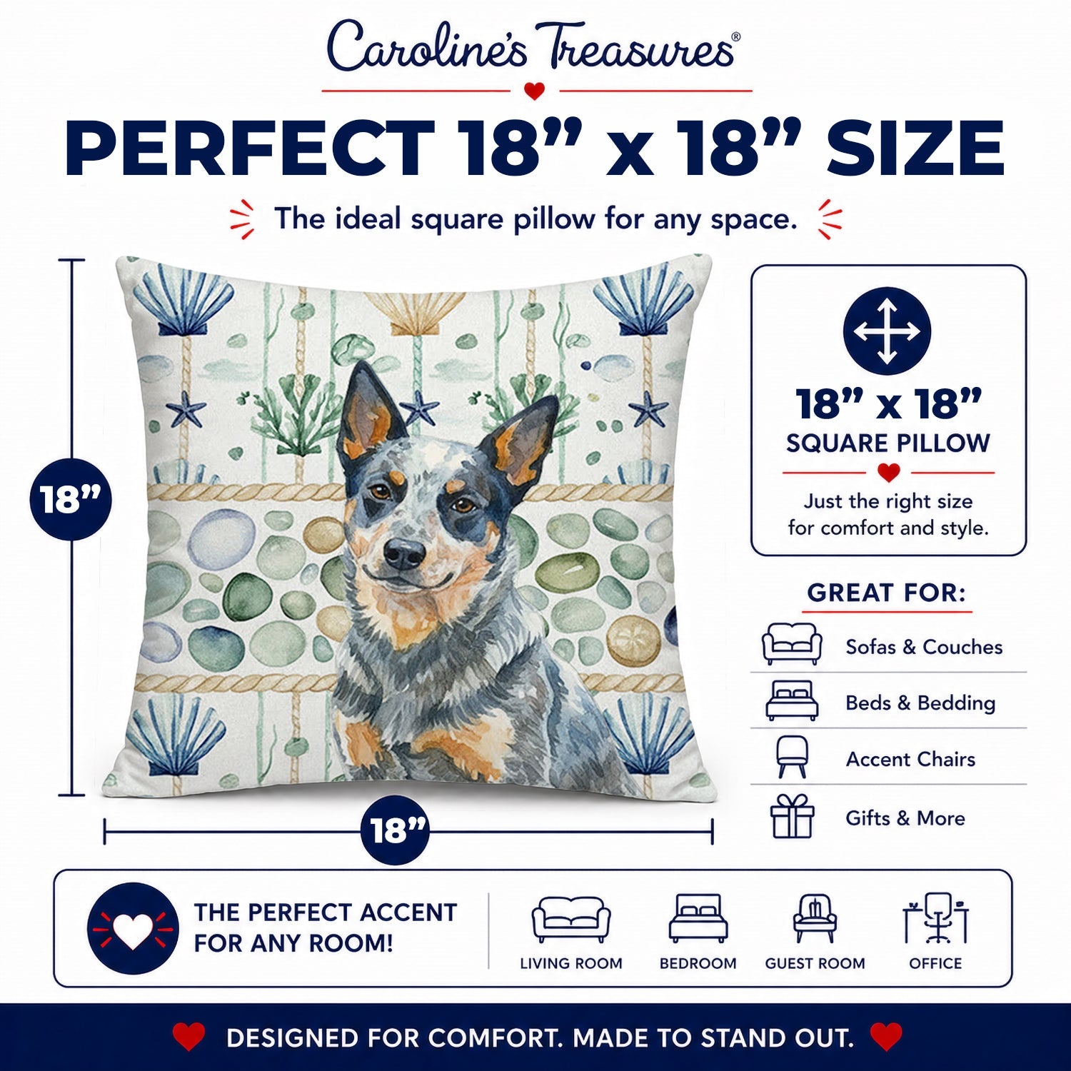 Blue Heeler Australian Cattle Dog Coastal Sea Glass Decorative Throw Pillow 18x18 Indoor Outdoor Accent Cushion, Fabric Cover with Insert for Sofa, Bed, Porch & Living Room