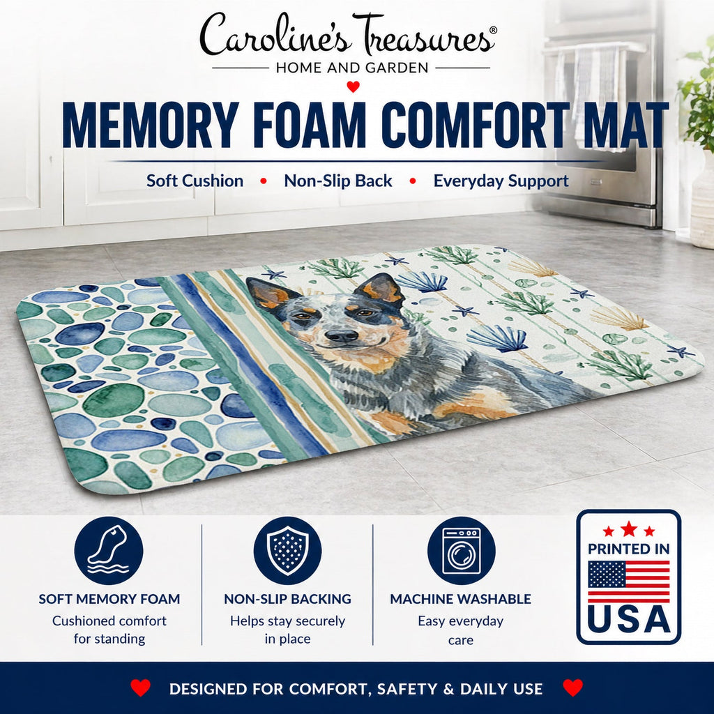 Blue Heeler Australian Cattle Dog Coastal Sea Glass Memory Foam Kitchen Mat Machine Washable Anti-Fatigue Cushion Comfort Bath or Kitchen Rug