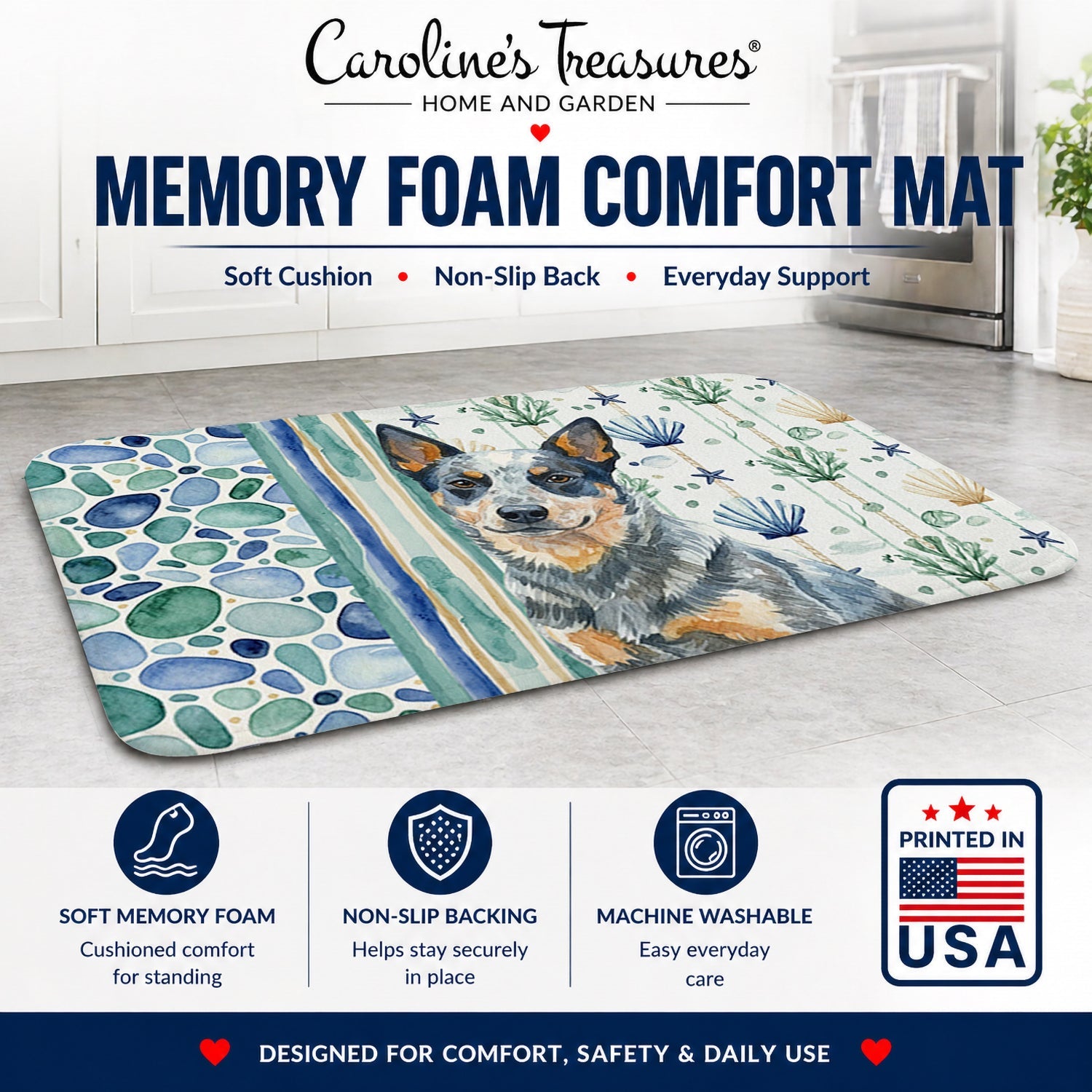Blue Heeler Australian Cattle Dog Coastal Sea Glass Memory Foam Kitchen Mat Machine Washable Anti-Fatigue Cushion Comfort Bath or Kitchen Rug