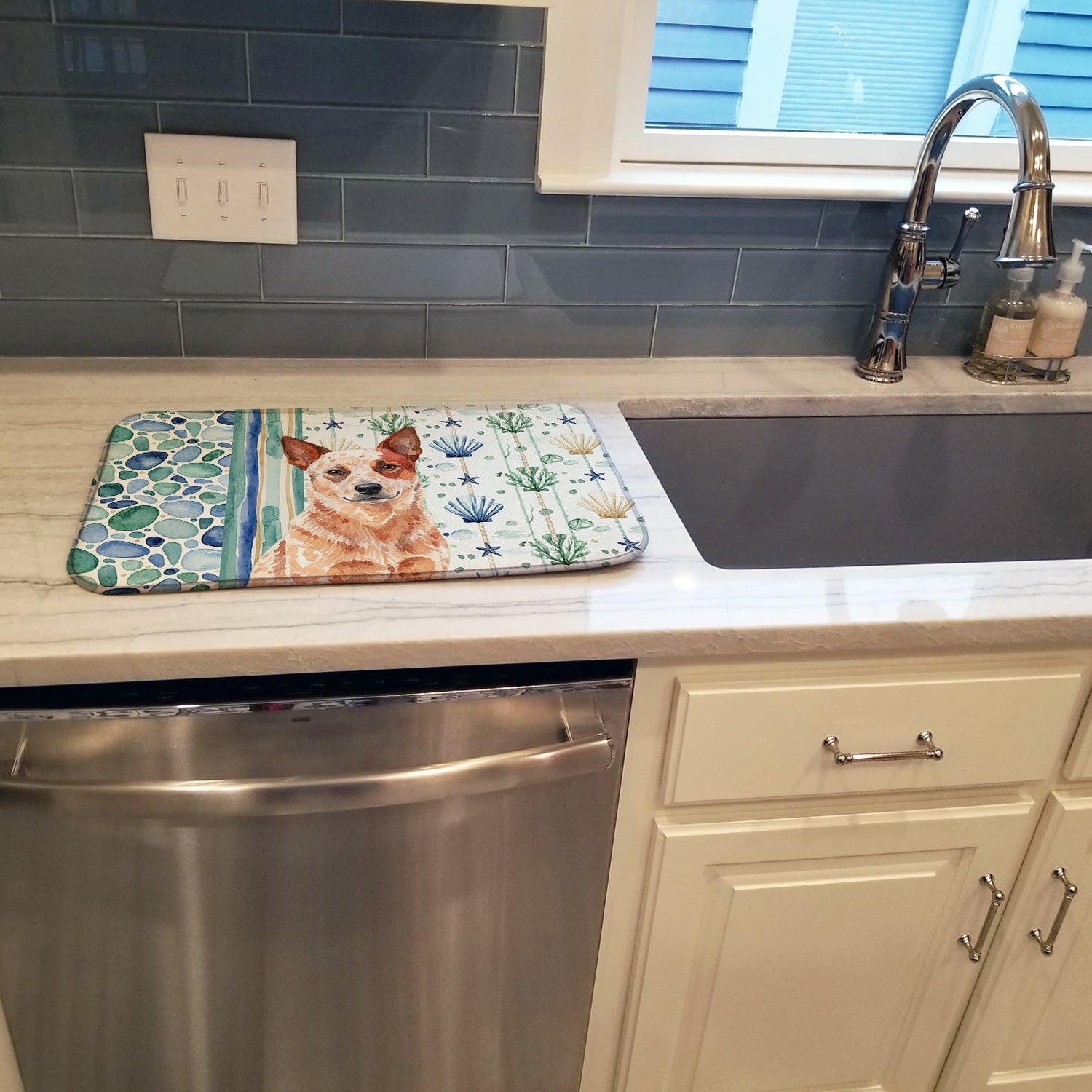Red Heeler Australian Cattle Dog Coastal Sea Glass Dish Drying Mat Absorbent Dish Drying Mat Pad for Kitchen Counter Dish Drainer Mat for Countertop, 14 x 21", Multicolor