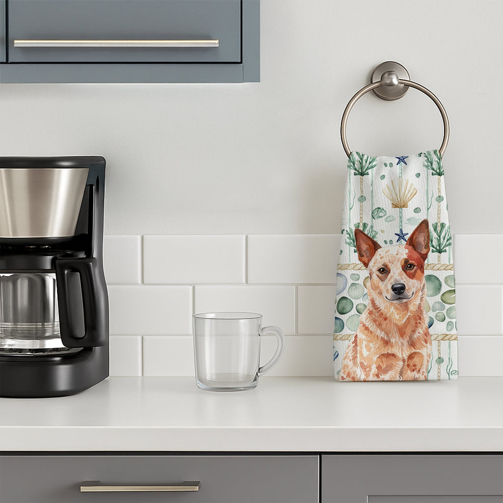 Red Heeler Australian Cattle Dog Coastal Sea Glass Kitchen Towel Velour Plush Front and Cotton Loop Back Machine Washable