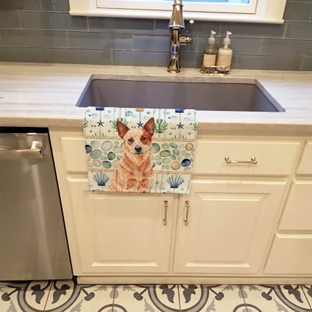 Red Heeler Australian Cattle Dog Coastal Sea Glass Kitchen Towel Velour Plush Front and Cotton Loop Back Machine Washable