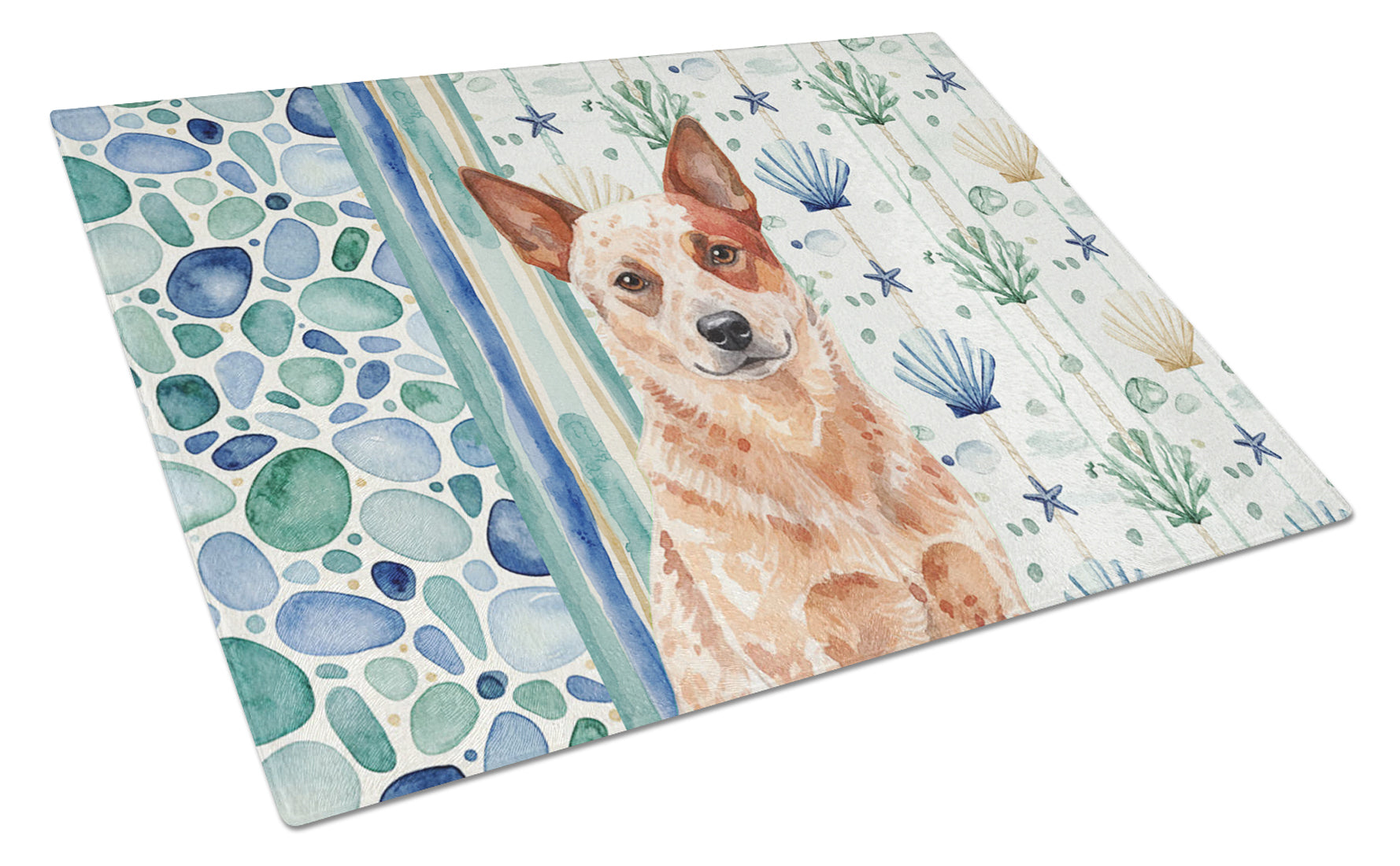 Red Heeler Australian Cattle Dog Coastal Sea Glass Cutting Board Tempered Glass Kitchen Cutting Surface, Heat Resistant Chopping, Non-Slip Feet, Food Prep & Serving