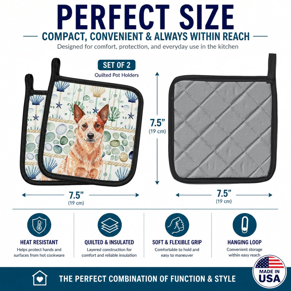 Red Heeler Australian Cattle Dog Coastal Sea Glass Pot Holder Set of 2 Heat Resistant Quilted Hot Pads 7.5 x 7.5 Inch, Insulated Kitchen Trivets for Cooking & Baking