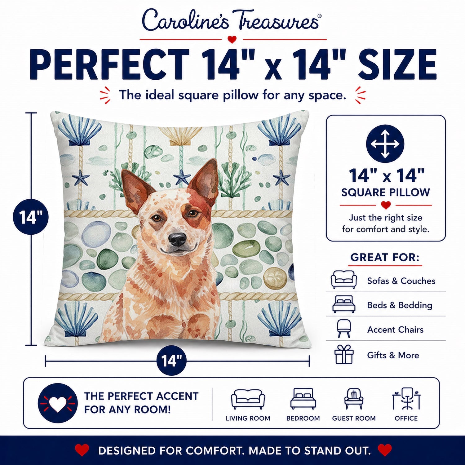 Red Heeler Australian Cattle Dog Coastal Sea Glass Decorative Throw Pillow 14x14 Indoor Outdoor Accent Cushion, Fabric Cover with Insert for Sofa, Bed, Porch & Living Room