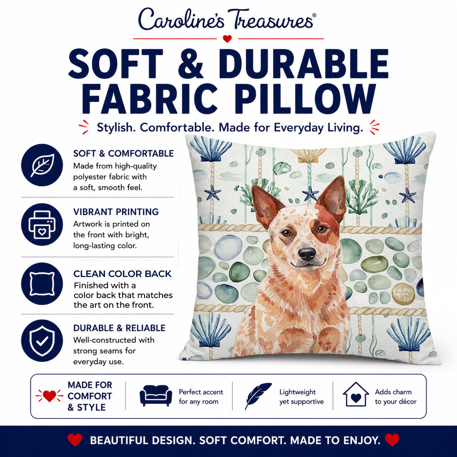 Red Heeler Australian Cattle Dog Coastal Sea Glass Decorative Throw Pillow 18x18 Indoor Outdoor Accent Cushion, Fabric Cover with Insert for Sofa, Bed, Porch & Living Room