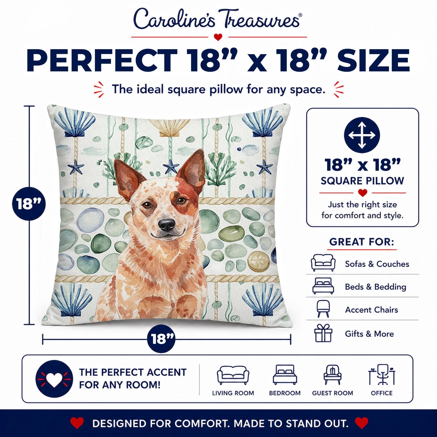 Red Heeler Australian Cattle Dog Coastal Sea Glass Decorative Throw Pillow 18x18 Indoor Outdoor Accent Cushion, Fabric Cover with Insert for Sofa, Bed, Porch & Living Room