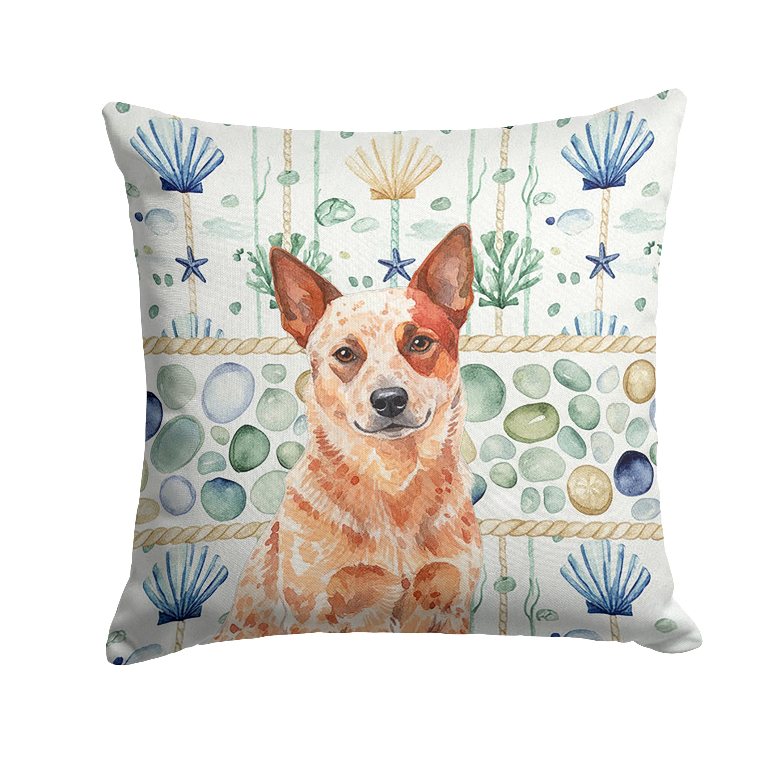 Red Heeler Australian Cattle Dog Coastal Sea Glass Decorative Throw Pillow 18x18 Indoor Outdoor Accent Cushion, Fabric Cover with Insert for Sofa, Bed, Porch & Living Room