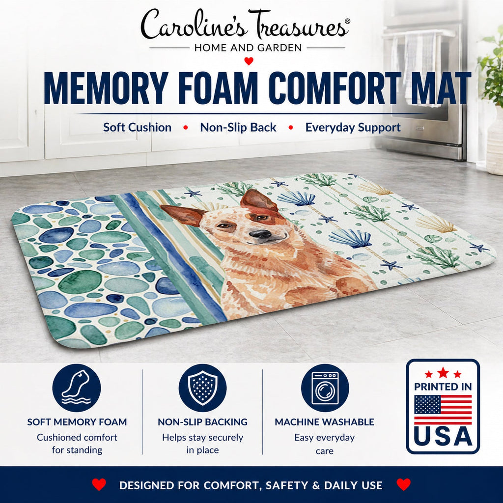 Red Heeler Australian Cattle Dog Coastal Sea Glass Memory Foam Kitchen Mat Machine Washable Anti-Fatigue Cushion Comfort Bath or Kitchen Rug