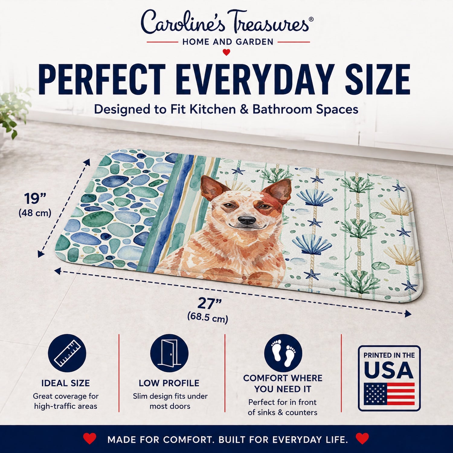 Red Heeler Australian Cattle Dog Coastal Sea Glass Memory Foam Kitchen Mat Machine Washable Anti-Fatigue Cushion Comfort Bath or Kitchen Rug