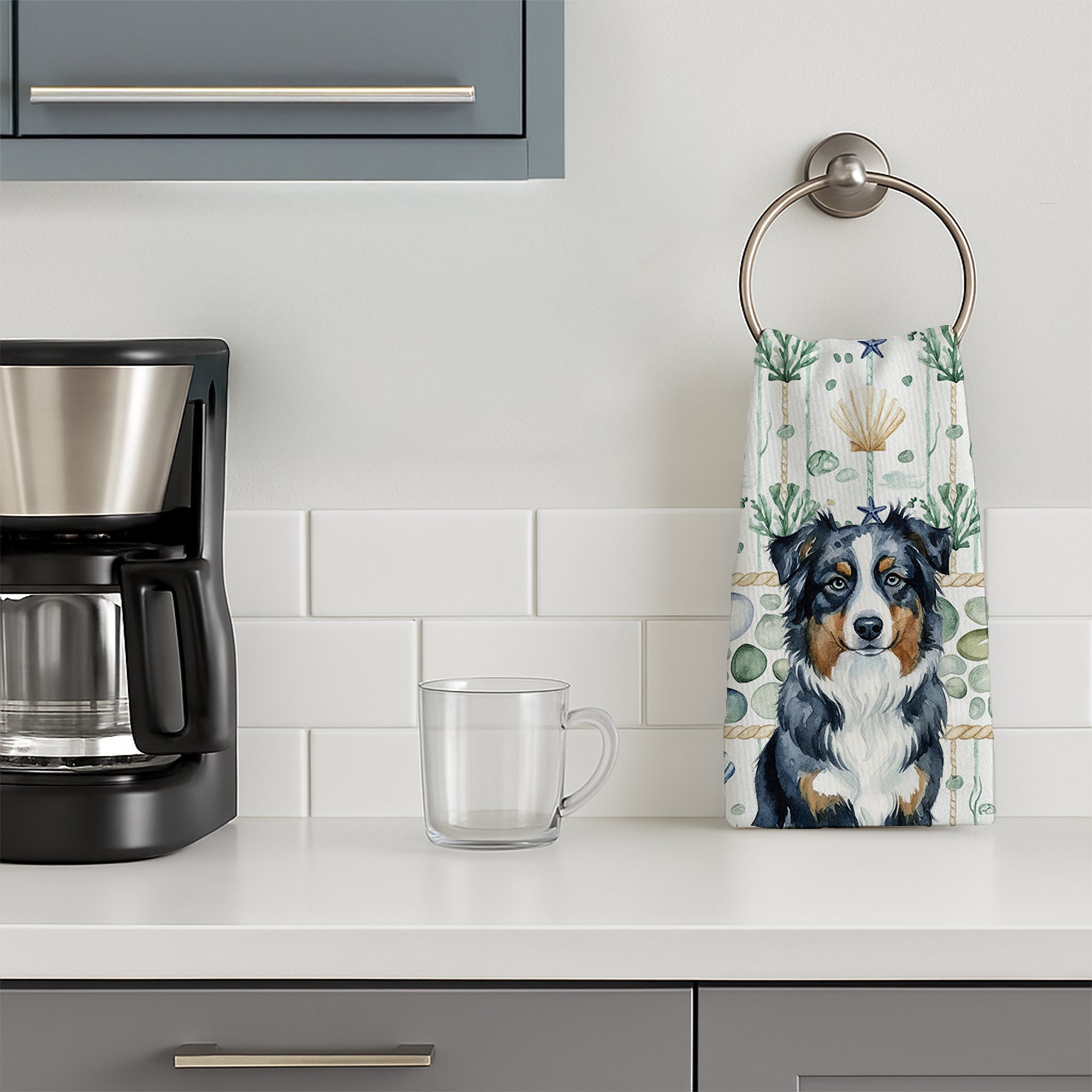Black Australian Shepherd Coastal Sea Glass Kitchen Towel Velour Plush Front and Cotton Loop Back Machine Washable