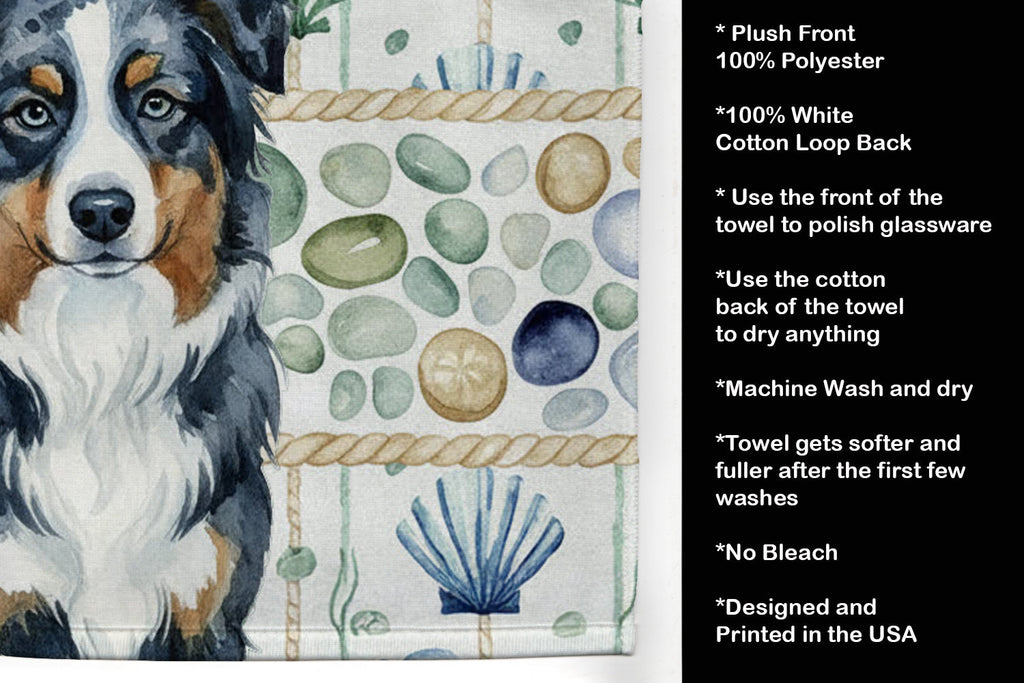 Black Australian Shepherd Coastal Sea Glass Kitchen Towel Velour Plush Front and Cotton Loop Back Machine Washable