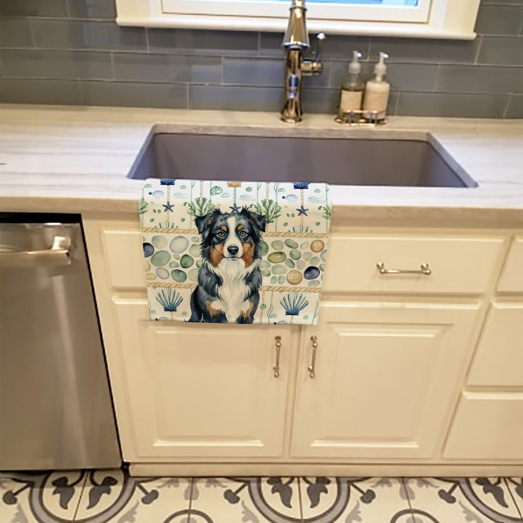 Black Australian Shepherd Coastal Sea Glass Kitchen Towel Velour Plush Front and Cotton Loop Back Machine Washable