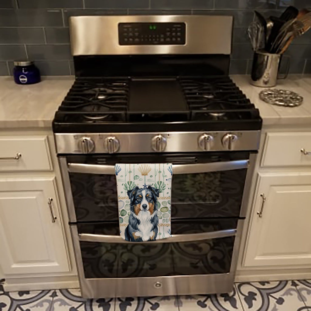 Black Australian Shepherd Coastal Sea Glass Kitchen Towel Velour Plush Front and Cotton Loop Back Machine Washable