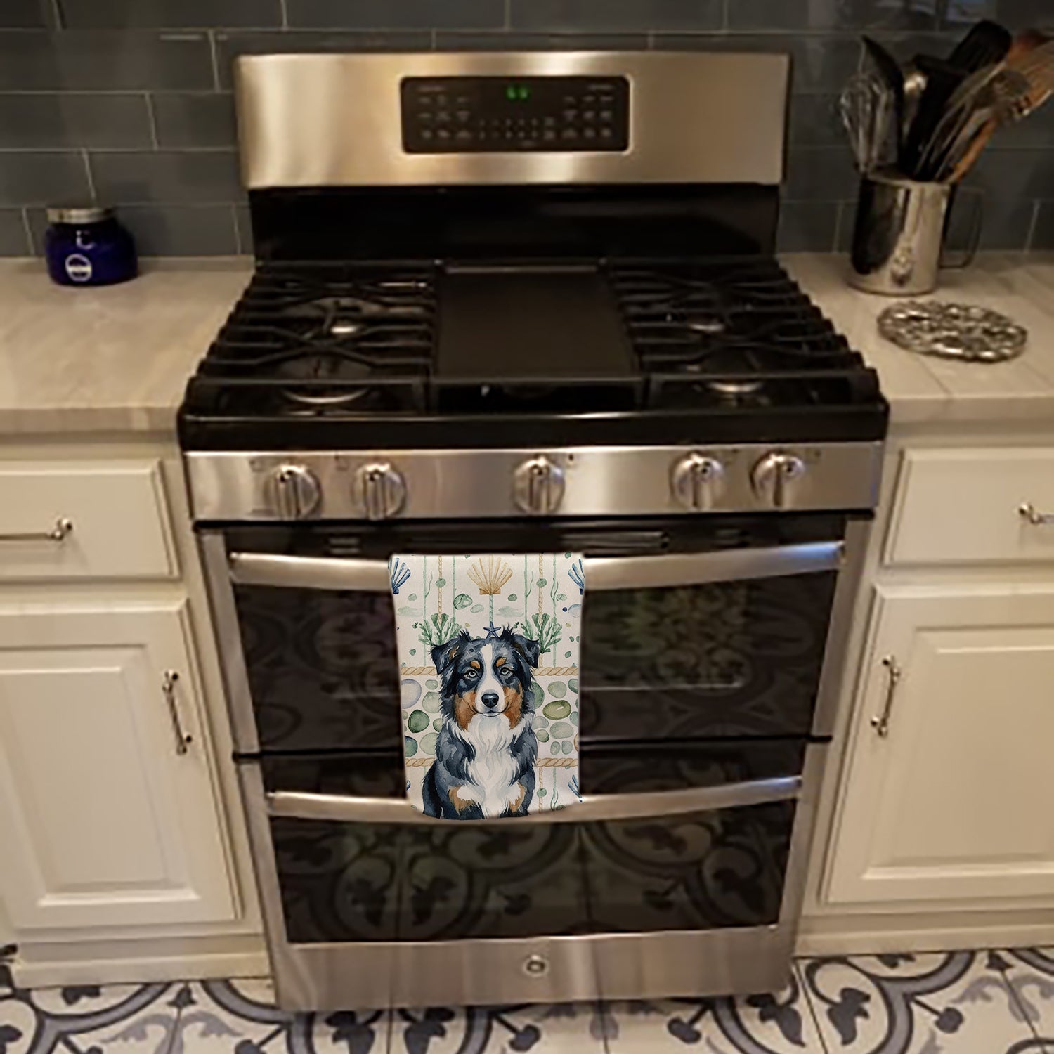 Black Australian Shepherd Coastal Sea Glass Kitchen Towel Velour Plush Front and Cotton Loop Back Machine Washable