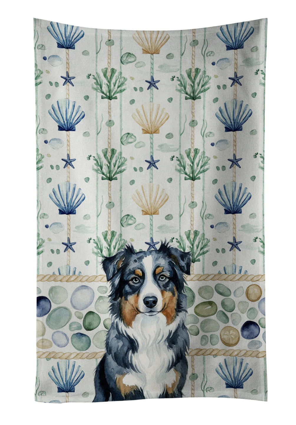 Black Australian Shepherd Coastal Sea Glass Kitchen Towel Velour Plush Front and Cotton Loop Back Machine Washable