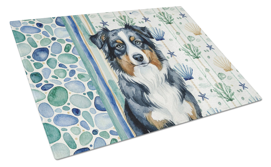 Black Australian Shepherd Coastal Sea Glass Cutting Board Tempered Glass Kitchen Cutting Surface, Heat Resistant Chopping, Non-Slip Feet, Food Prep & Serving