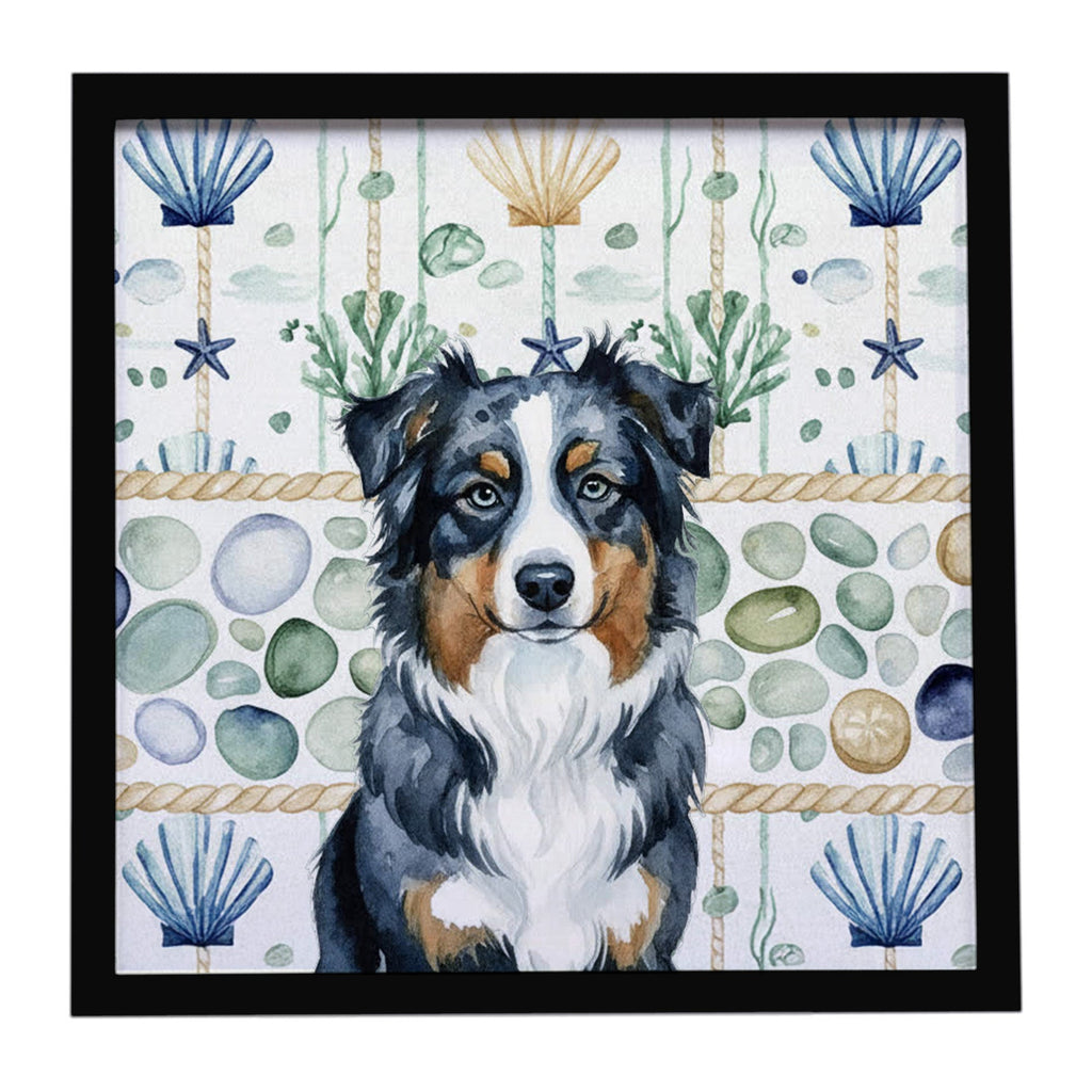 Black Australian Shepherd Coastal Sea Glass Framed Metal Print Bathroom, Kitchen, Office, Home Decor Wall Art Ready to Hang, Square, 8X8