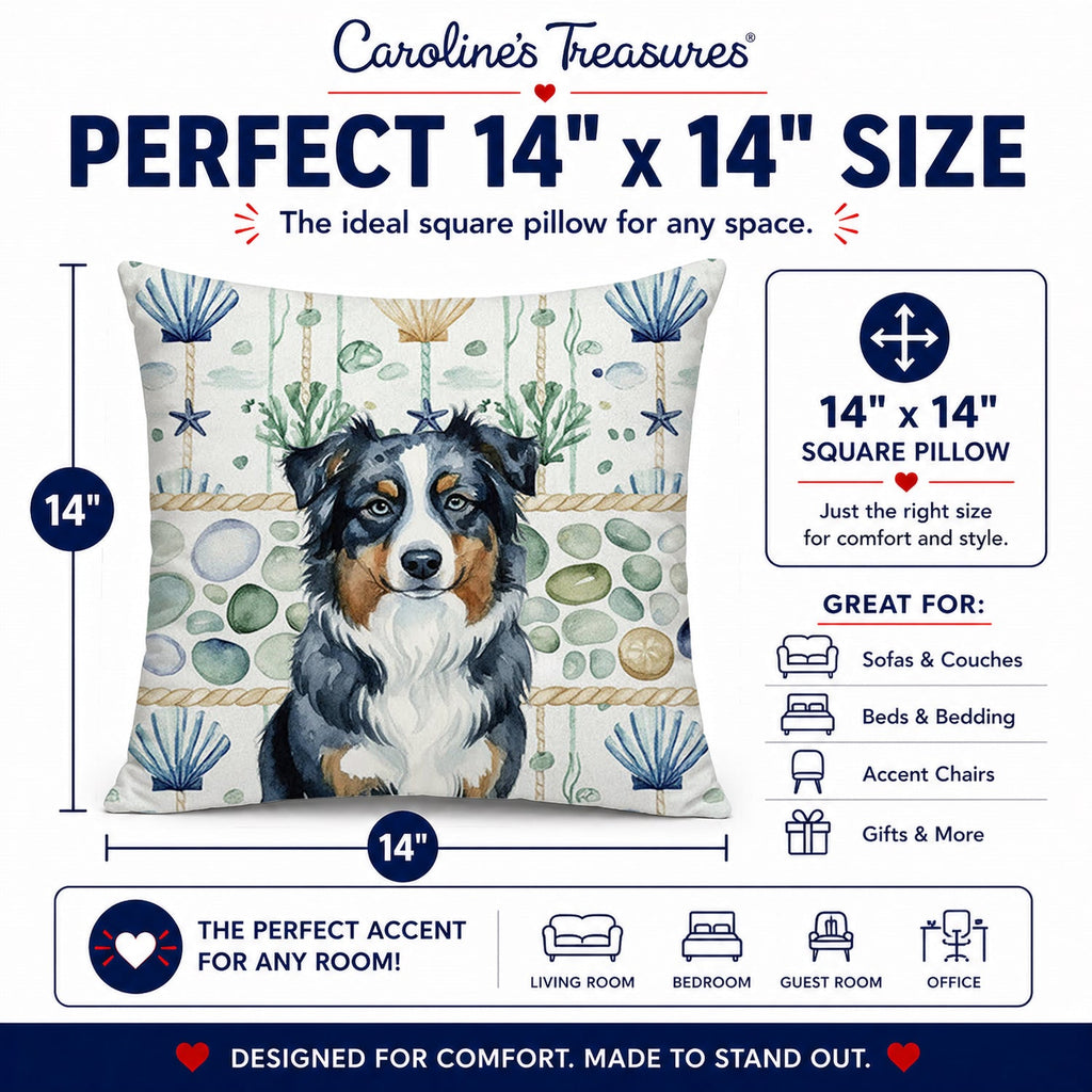 Black Australian Shepherd Coastal Sea Glass Decorative Throw Pillow 14x14 Indoor Outdoor Accent Cushion, Fabric Cover with Insert for Sofa, Bed, Porch & Living Room