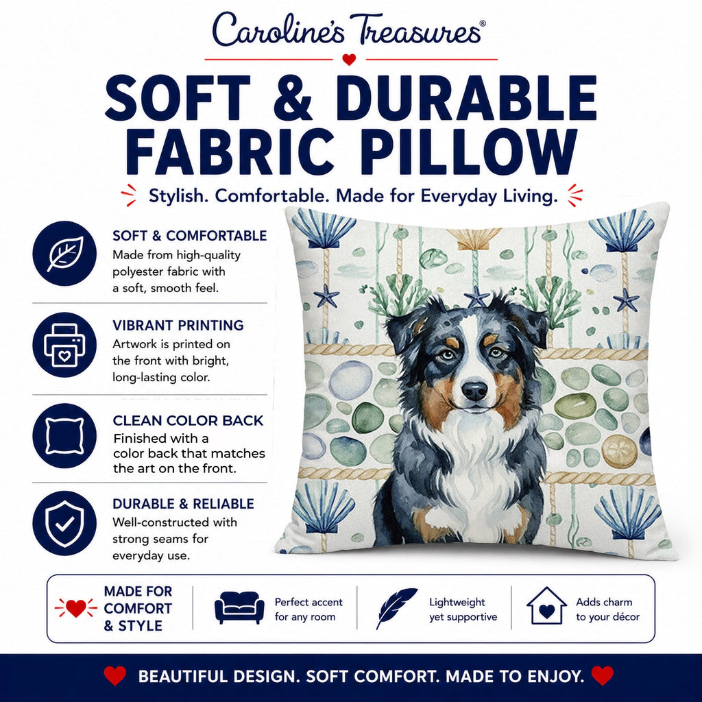 Black Australian Shepherd Coastal Sea Glass Decorative Throw Pillow 18x18 Indoor Outdoor Accent Cushion, Fabric Cover with Insert for Sofa, Bed, Porch & Living Room