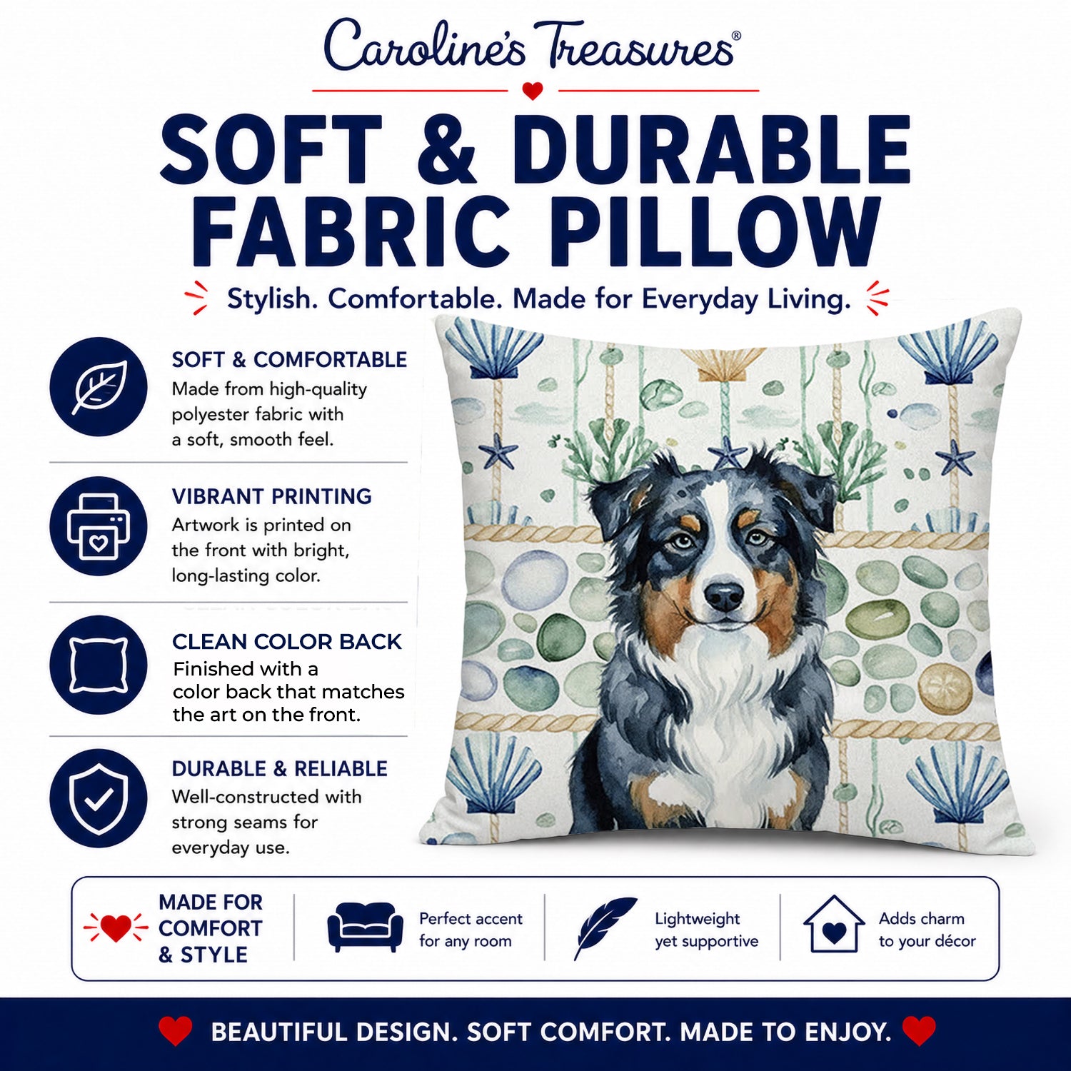 Black Australian Shepherd Coastal Sea Glass Decorative Throw Pillow 18x18 Indoor Outdoor Accent Cushion, Fabric Cover with Insert for Sofa, Bed, Porch & Living Room