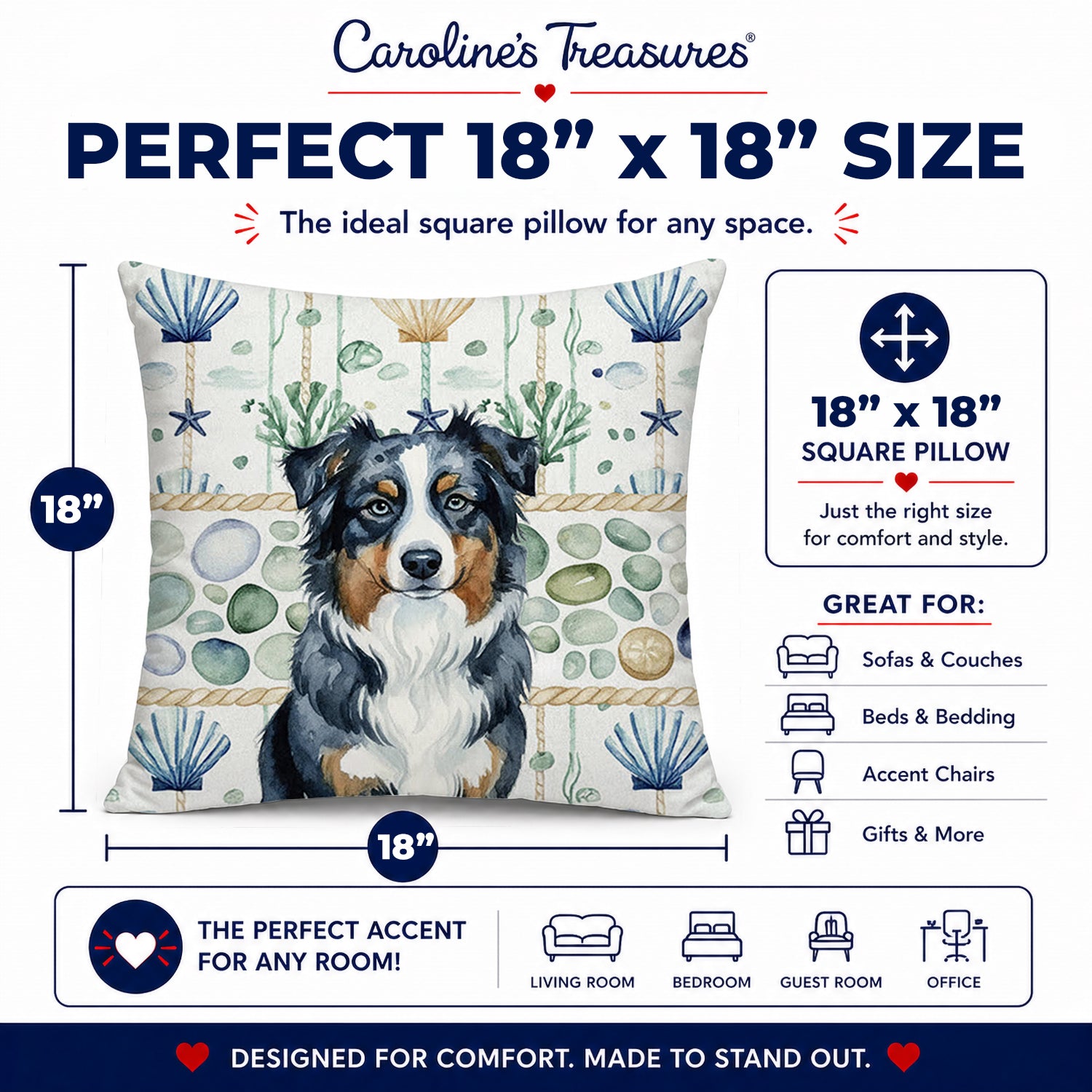 Black Australian Shepherd Coastal Sea Glass Decorative Throw Pillow 18x18 Indoor Outdoor Accent Cushion, Fabric Cover with Insert for Sofa, Bed, Porch & Living Room