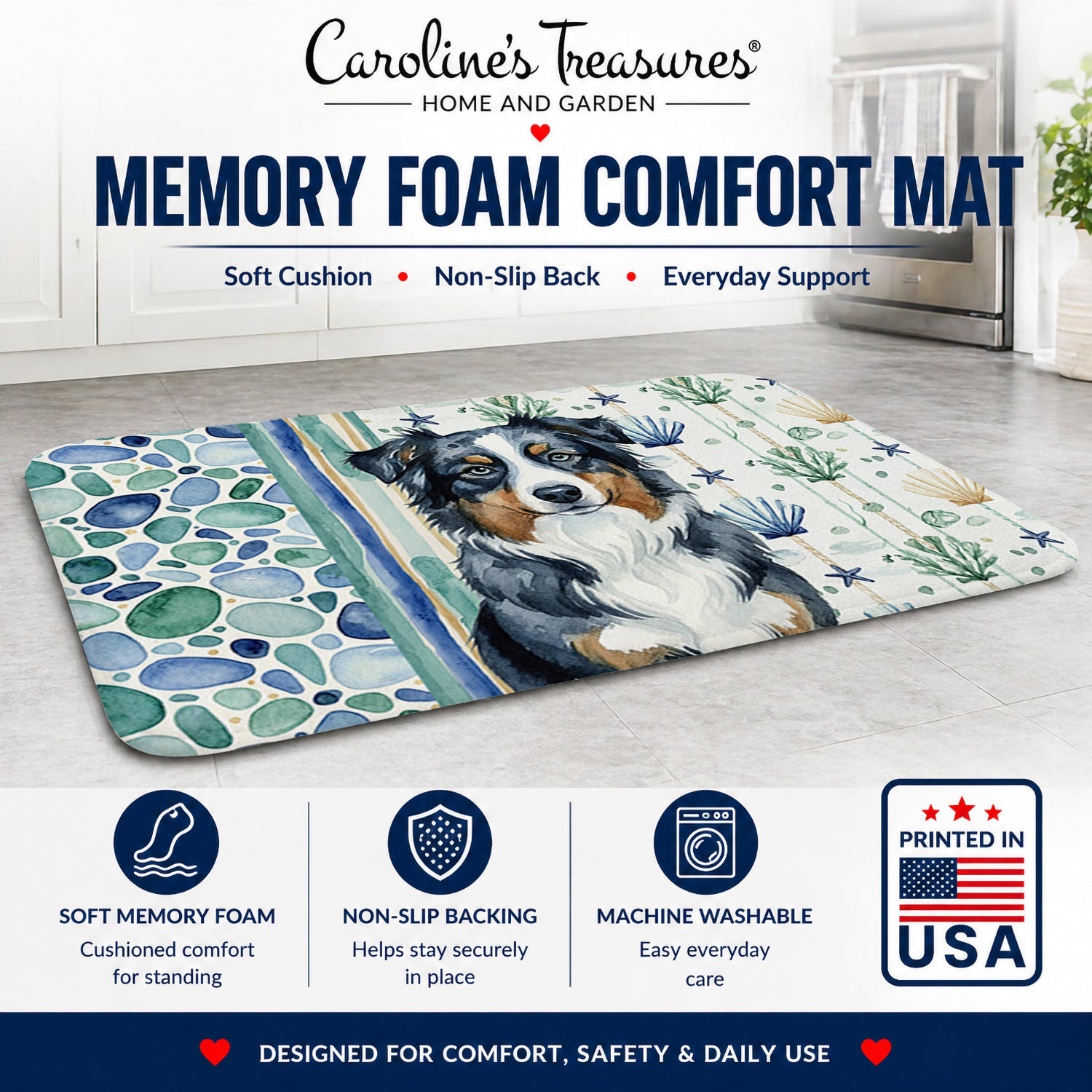 Black Australian Shepherd Coastal Sea Glass Memory Foam Kitchen Mat Machine Washable Anti-Fatigue Cushion Comfort Bath or Kitchen Rug