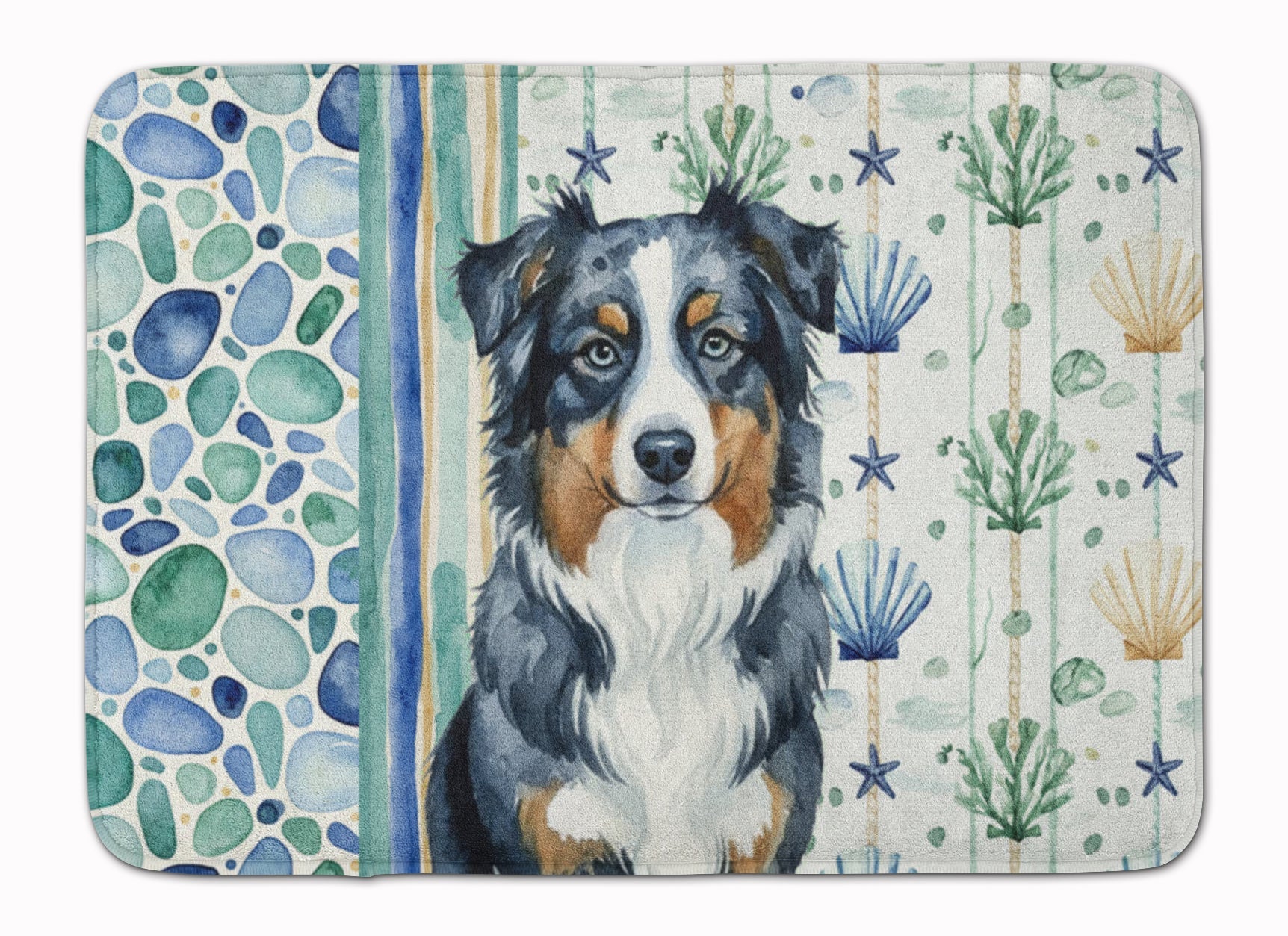Black Australian Shepherd Coastal Sea Glass Memory Foam Kitchen Mat Machine Washable Anti-Fatigue Cushion Comfort Bath or Kitchen Rug