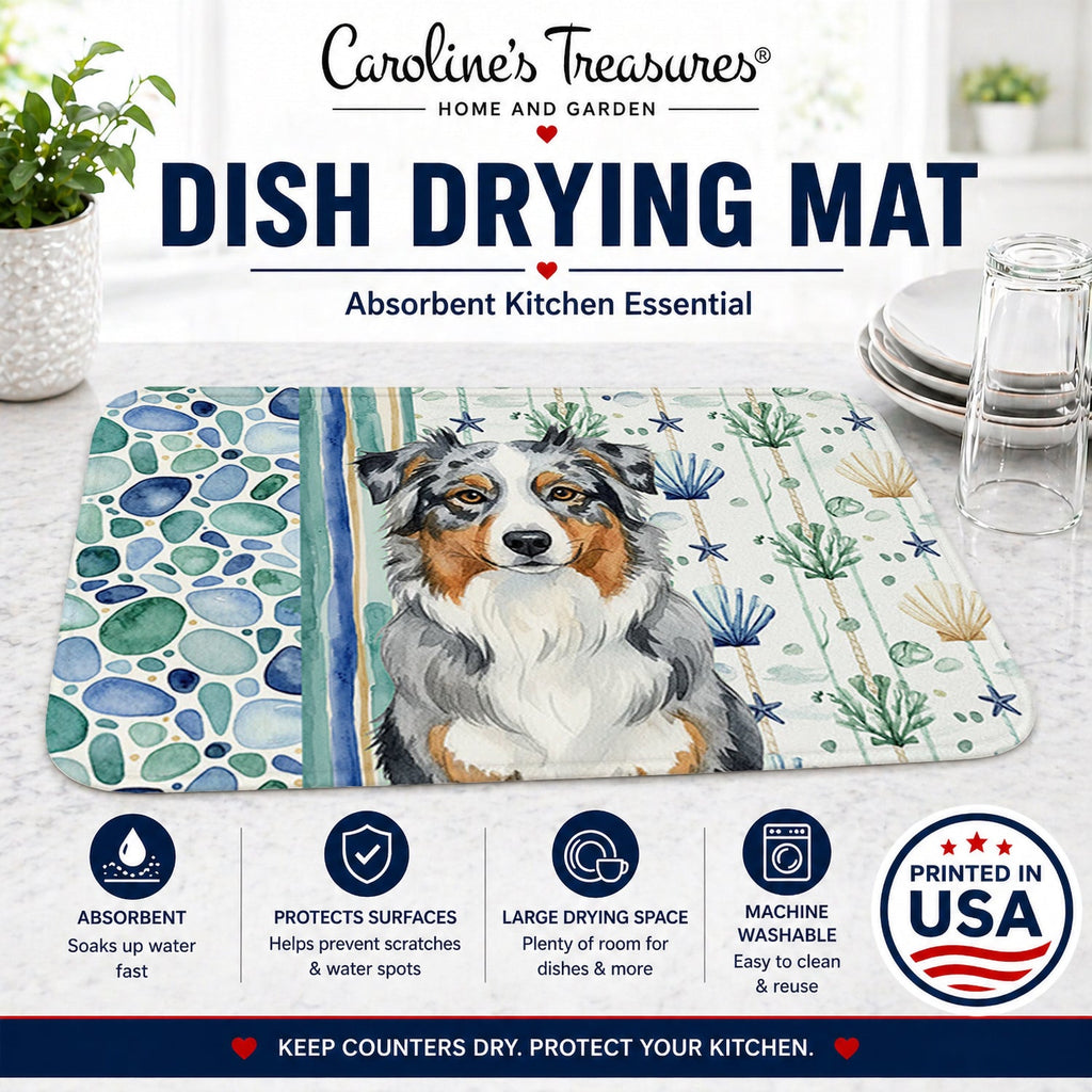 Blue Merle Australian Shepherd Coastal Sea Glass Dish Drying Mat Absorbent Dish Drying Mat Pad for Kitchen Counter Dish Drainer Mat for Countertop, 14 x 21", Multicolor