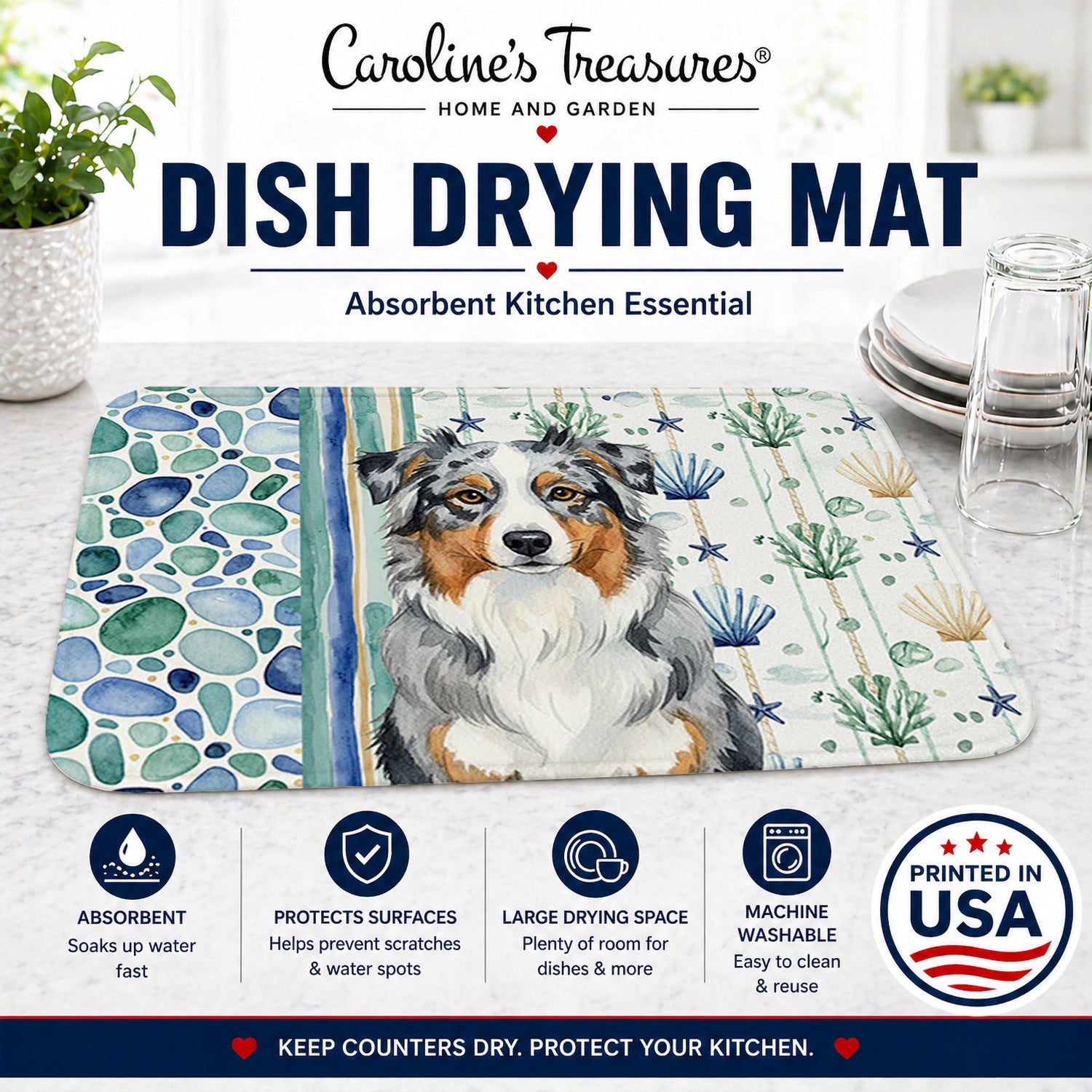 Blue Merle Australian Shepherd Coastal Sea Glass Dish Drying Mat Absorbent Dish Drying Mat Pad for Kitchen Counter Dish Drainer Mat for Countertop, 14 x 21", Multicolor