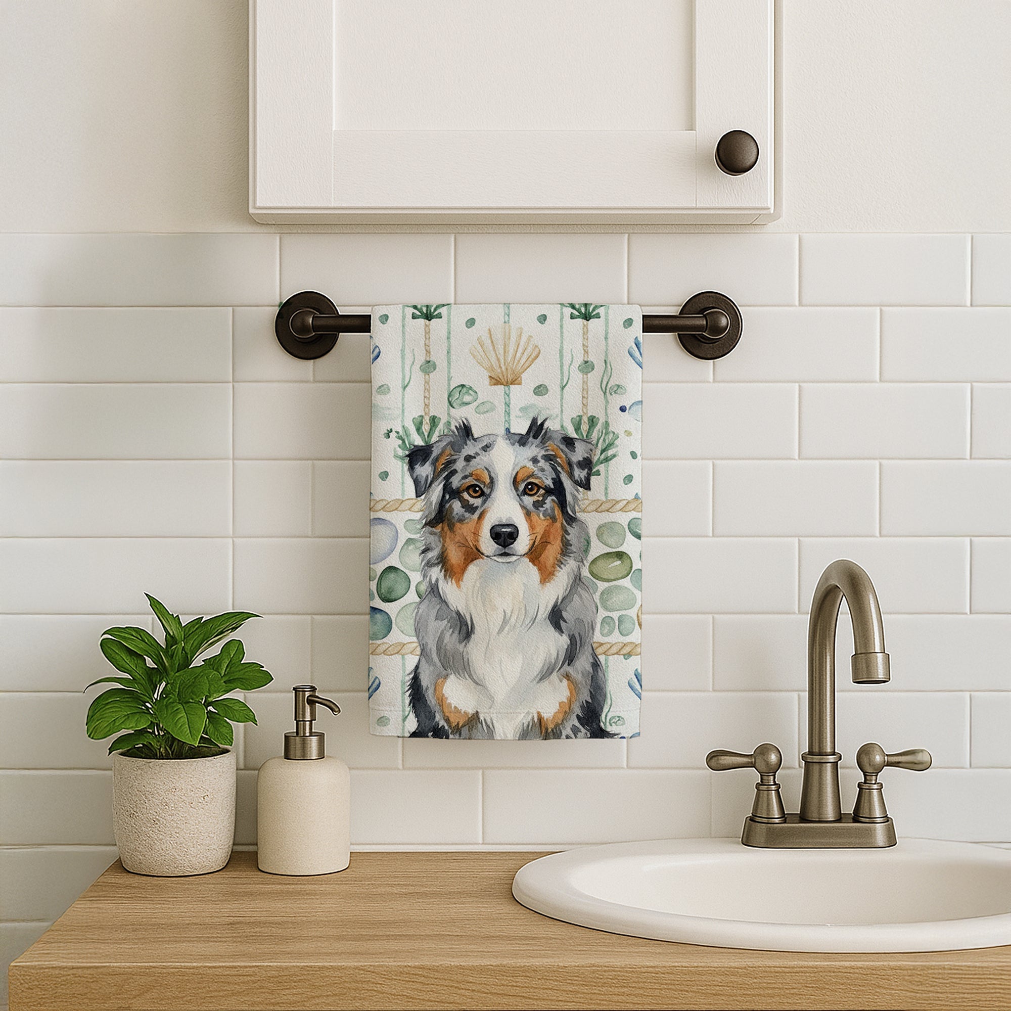 Blue Merle Australian Shepherd Coastal Sea Glass Kitchen Towel Velour Plush Front and Cotton Loop Back Machine Washable