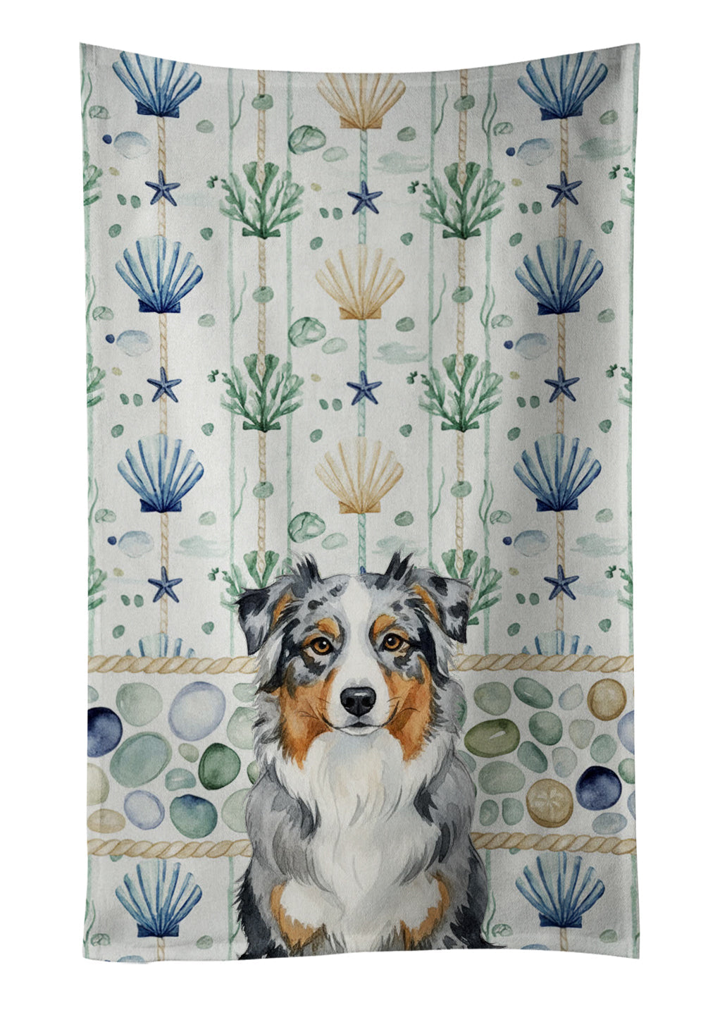 Blue Merle Australian Shepherd Coastal Sea Glass Kitchen Towel Velour Plush Front and Cotton Loop Back Machine Washable
