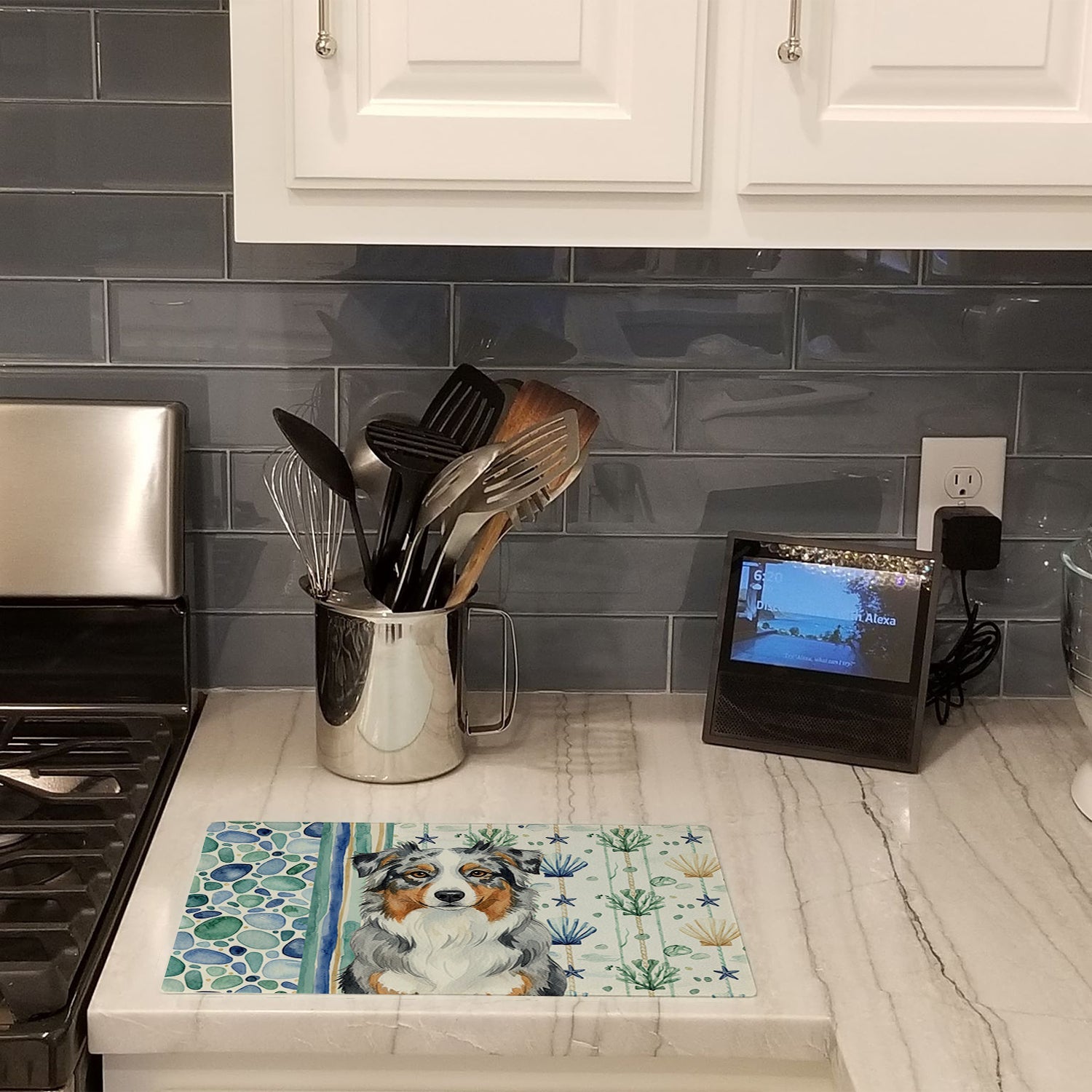 Blue Merle Australian Shepherd Coastal Sea Glass Cutting Board Tempered Glass Kitchen Cutting Surface, Heat Resistant Chopping, Non-Slip Feet, Food Prep & Serving